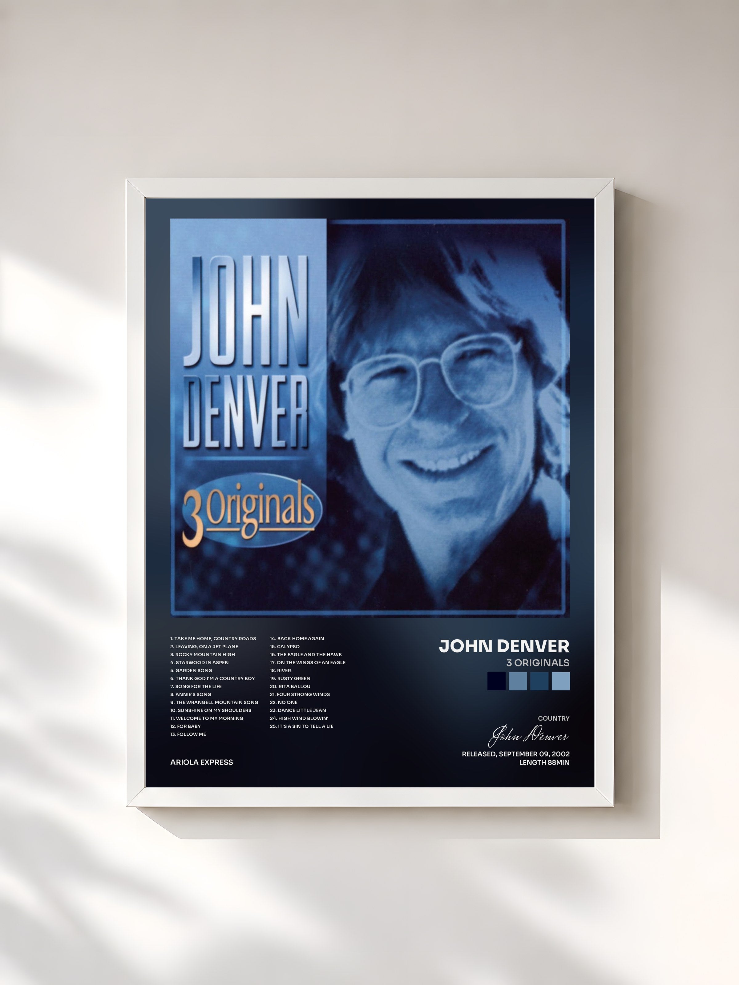 #blanc Tableau de l'album 3 Originals de John Denver, cadre blanc, imprimé et encadré en France
