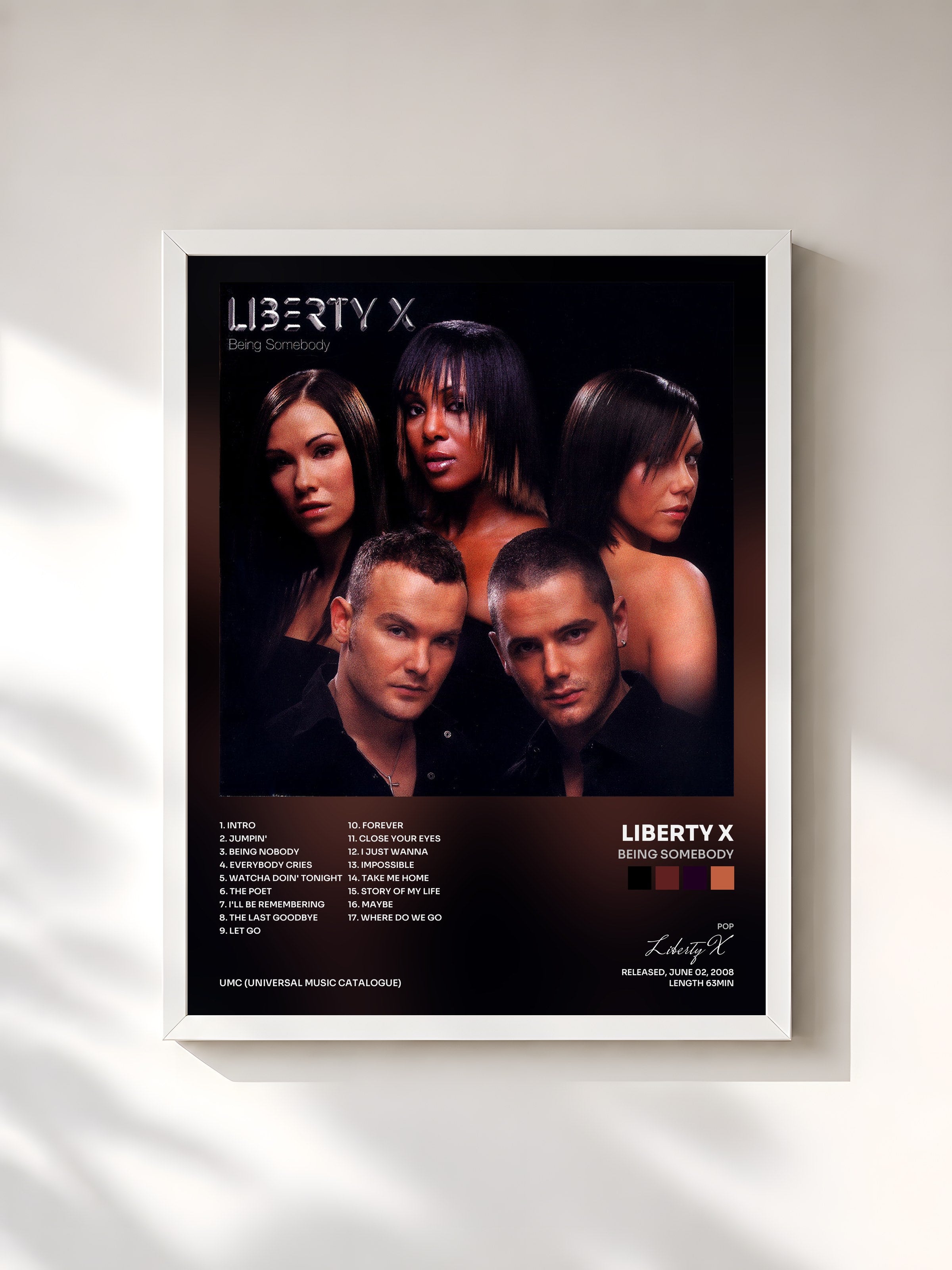 #blanc Tableau de l'album Being Somebody de Liberty X, cadre blanc, imprimé et encadré en France