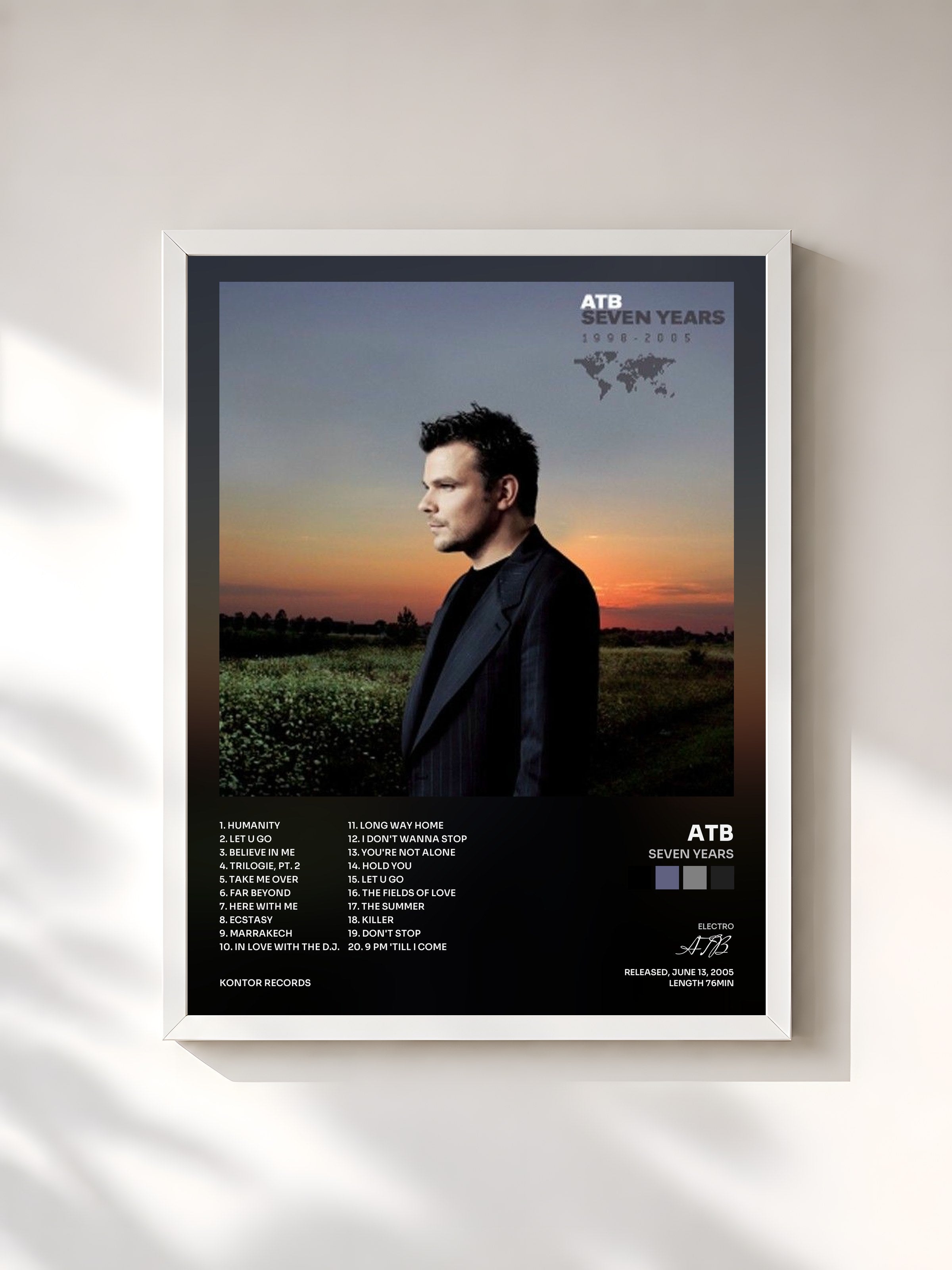 #blanc Tableau de l'album Seven Years de ATB, cadre blanc, imprimé et encadré en France