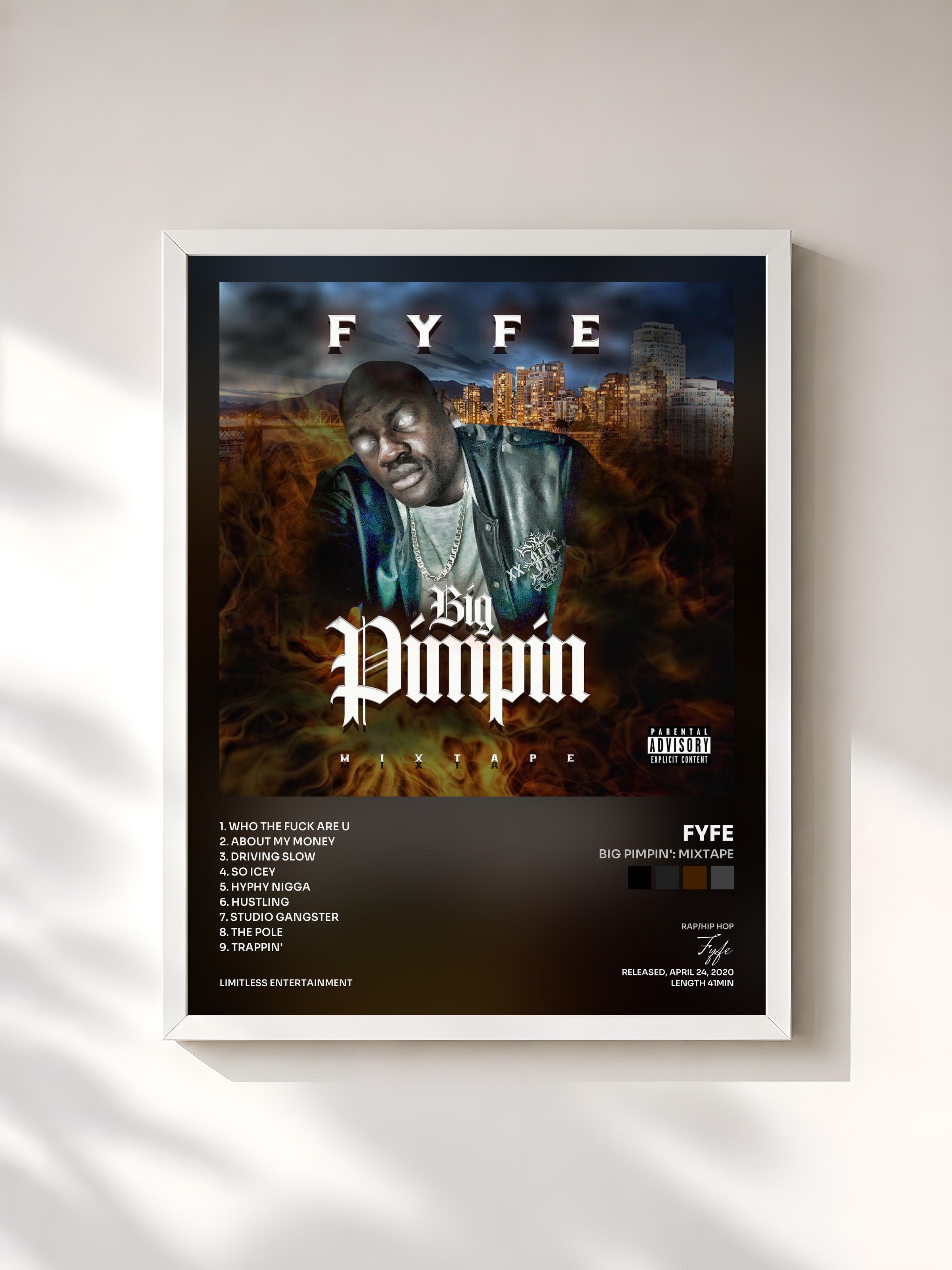#blanc Tableau de l'album Big Pimpin': Mixtape de Fyfe, cadre blanc, imprimé et encadré en France