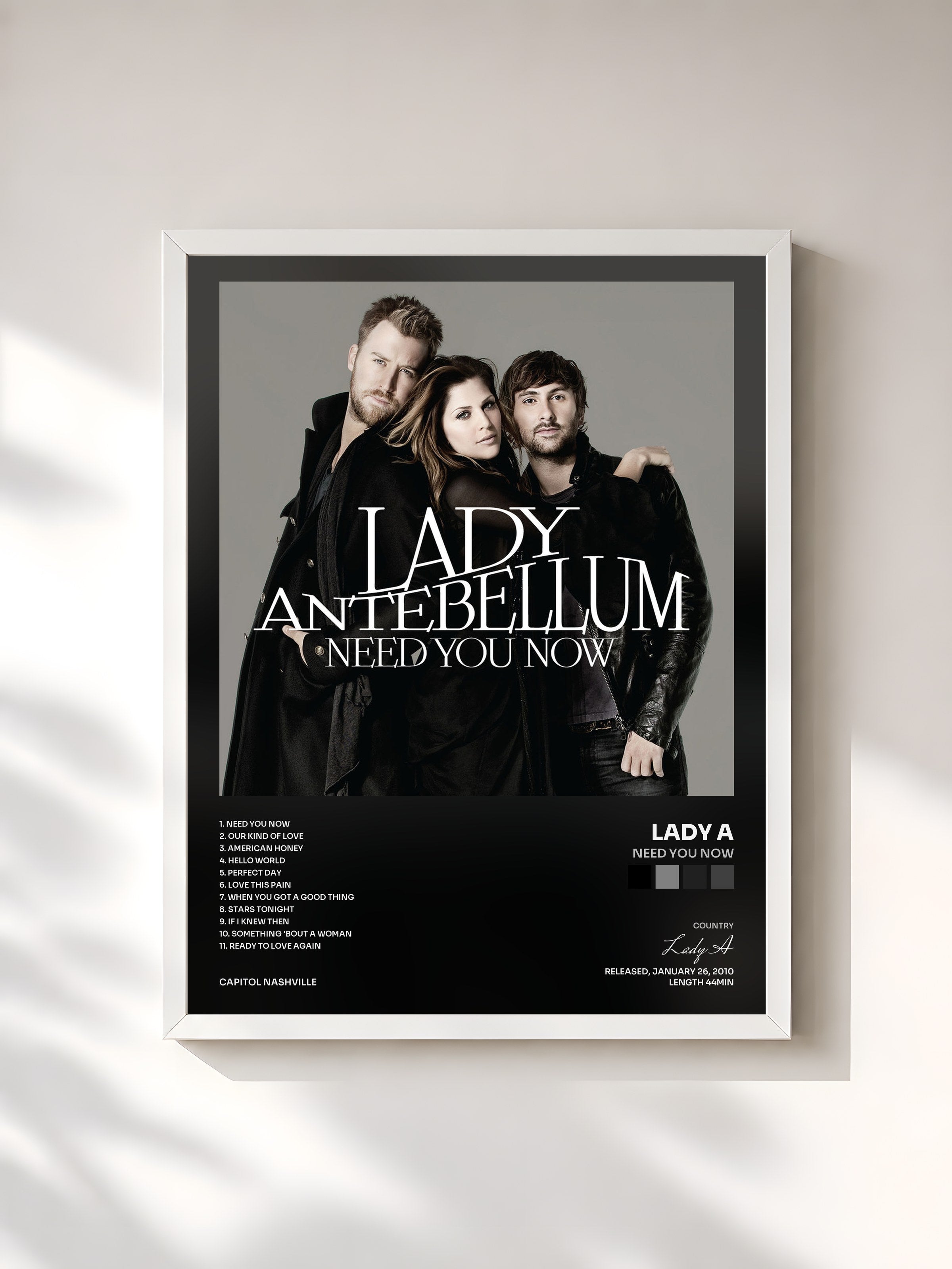 #blanc Tableau de l'album Need You Now de Lady A, cadre blanc, imprimé et encadré en France