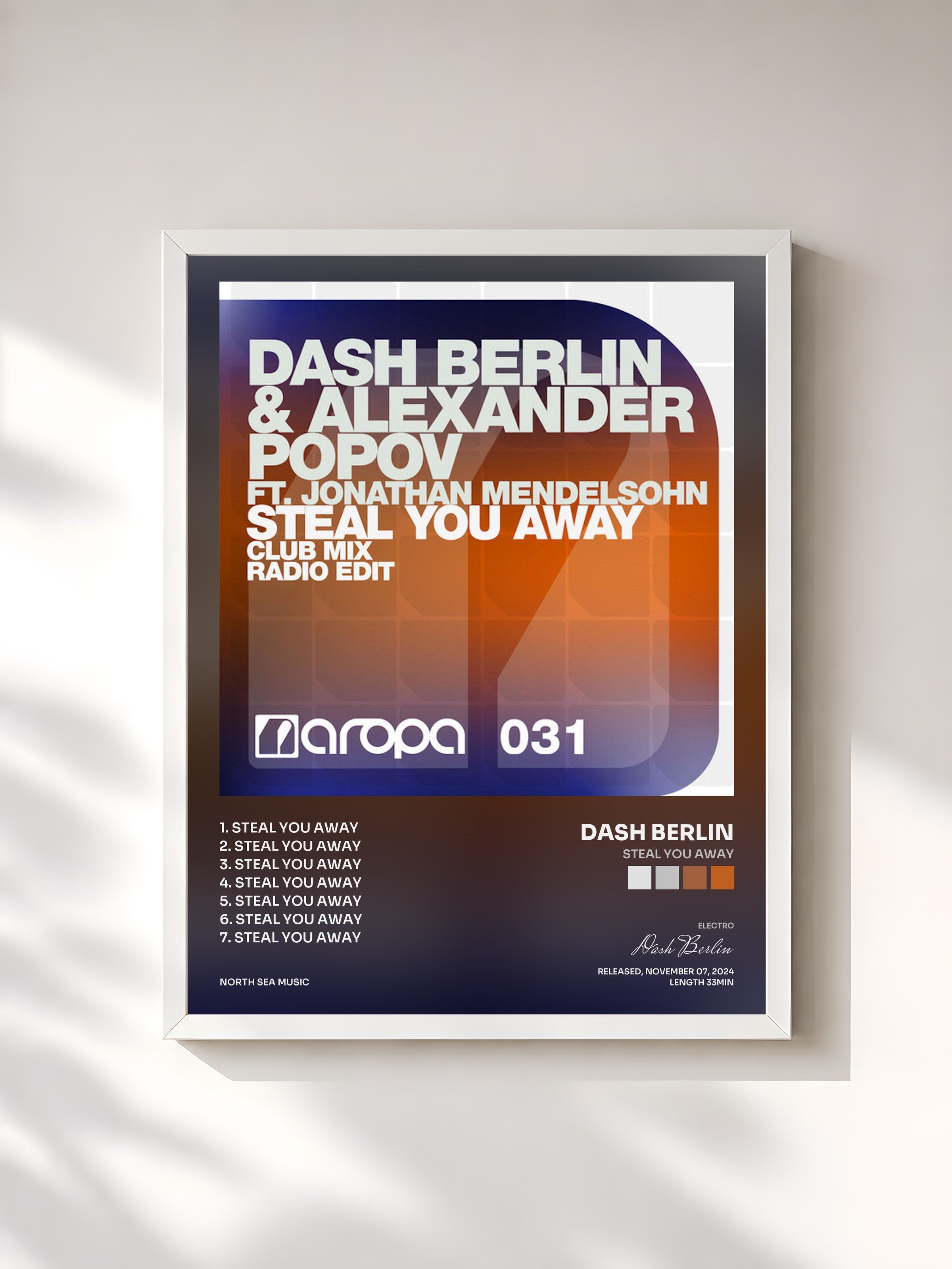 #blanc Tableau de l'album Steal You Away de Dash Berlin, cadre blanc, imprimé et encadré en France