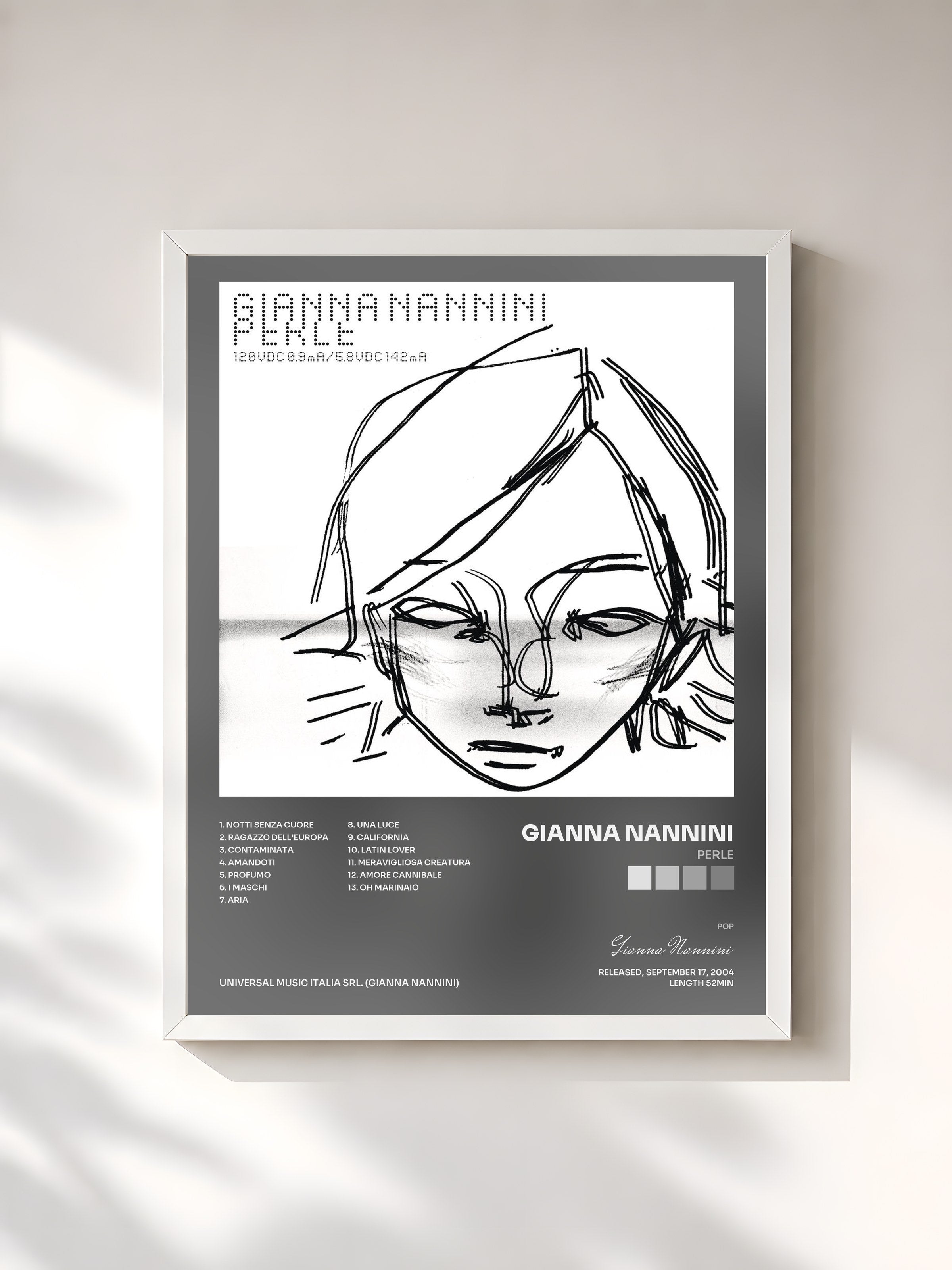 #blanc Tableau de l'album Perle de Gianna Nannini, cadre blanc, imprimé et encadré en France
