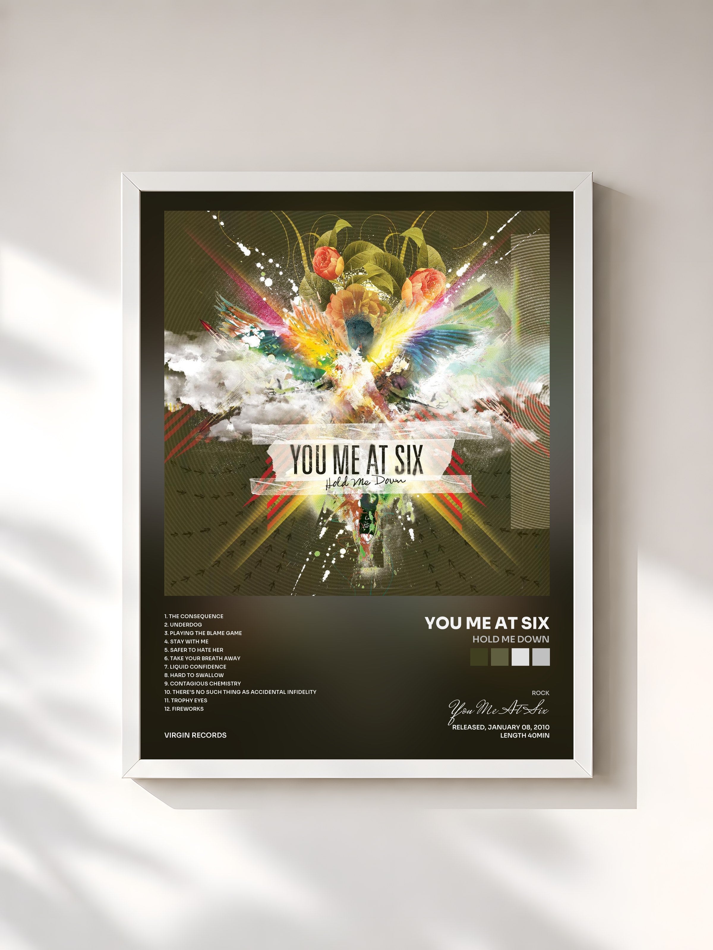 #blanc Tableau de l'album Hold Me Down de You Me At Six, cadre blanc, imprimé et encadré en France