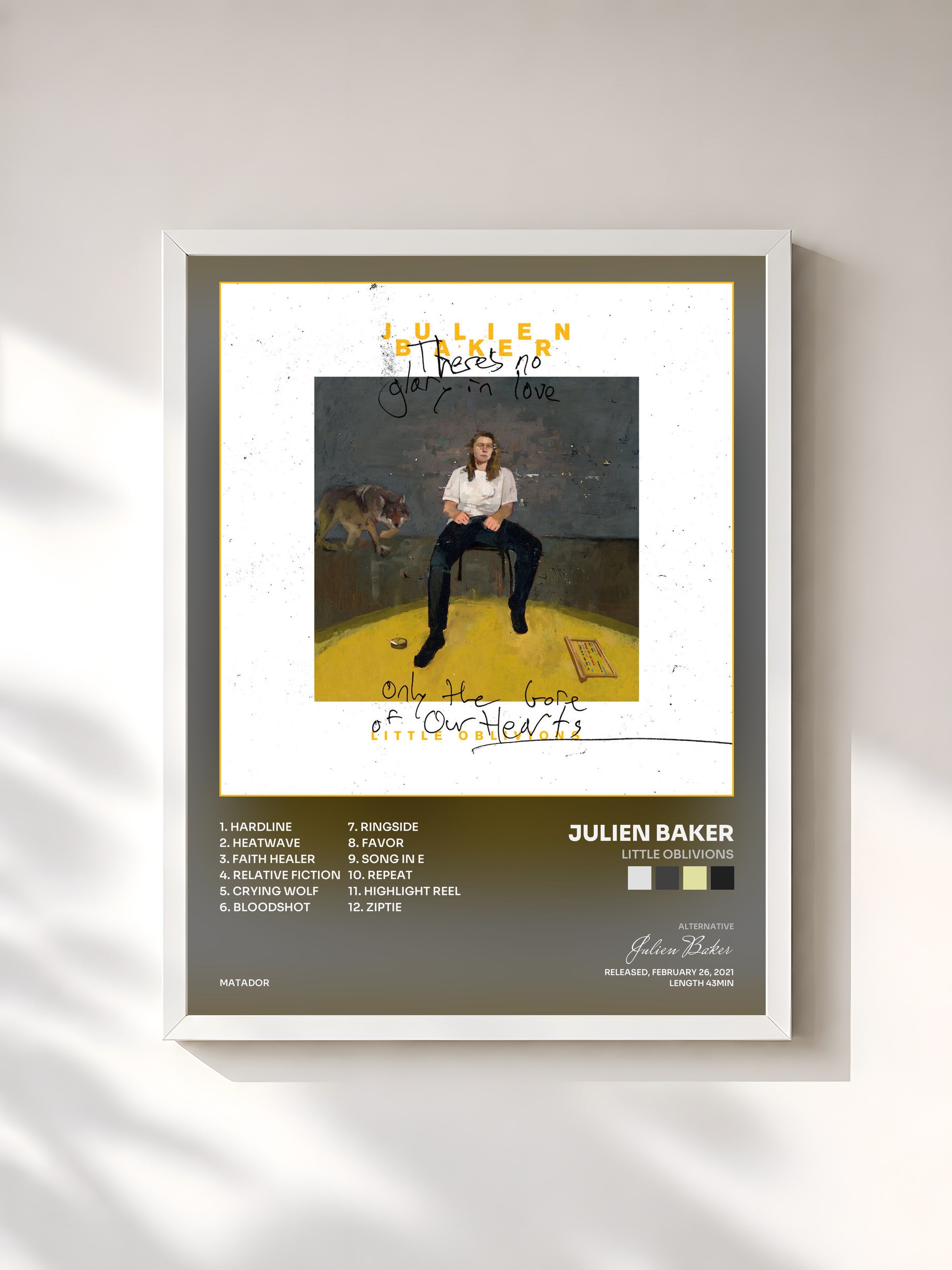 #blanc Tableau de l'album Little Oblivions de Julien Baker, cadre blanc, imprimé et encadré en France