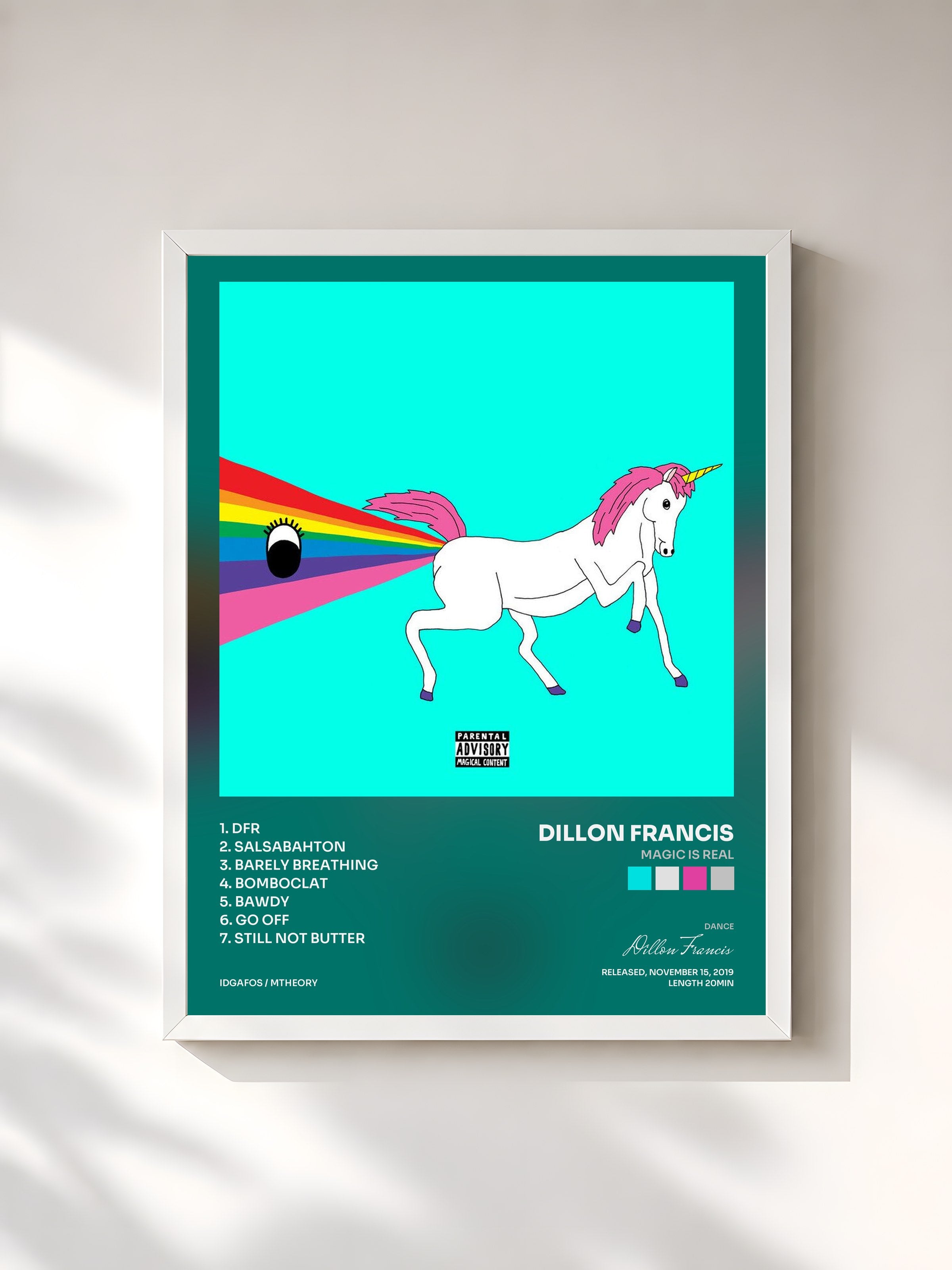 #blanc Tableau de l'album Magic Is Real de Dillon Francis, cadre blanc, imprimé et encadré en France