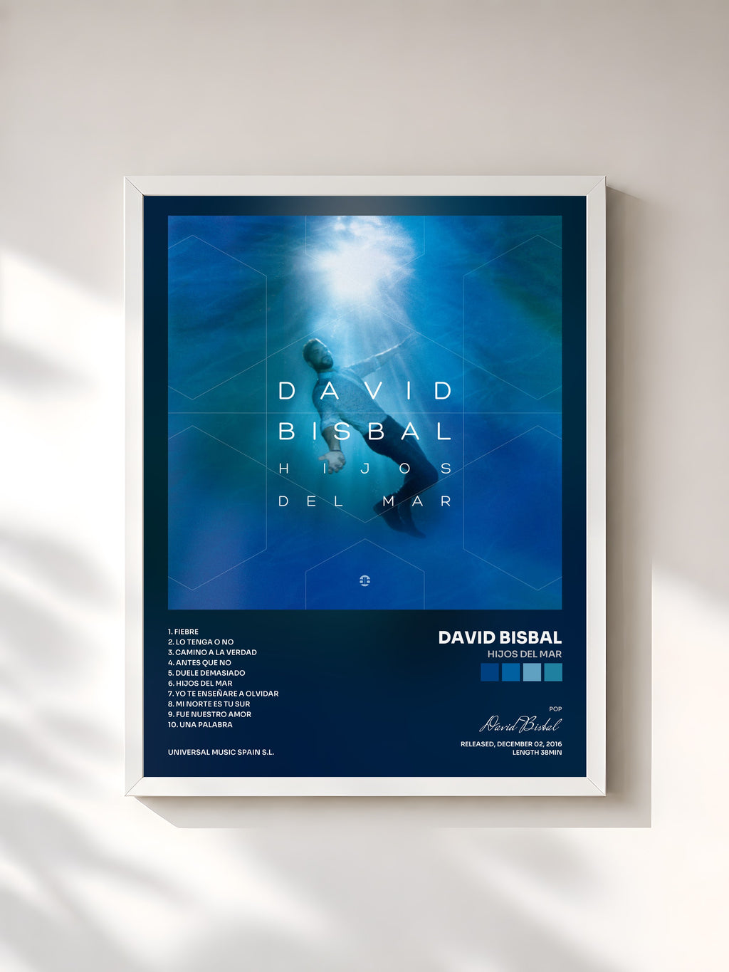 #blanc Tableau de l'album Hijos Del Mar de David Bisbal, cadre blanc, imprimé et encadré en France