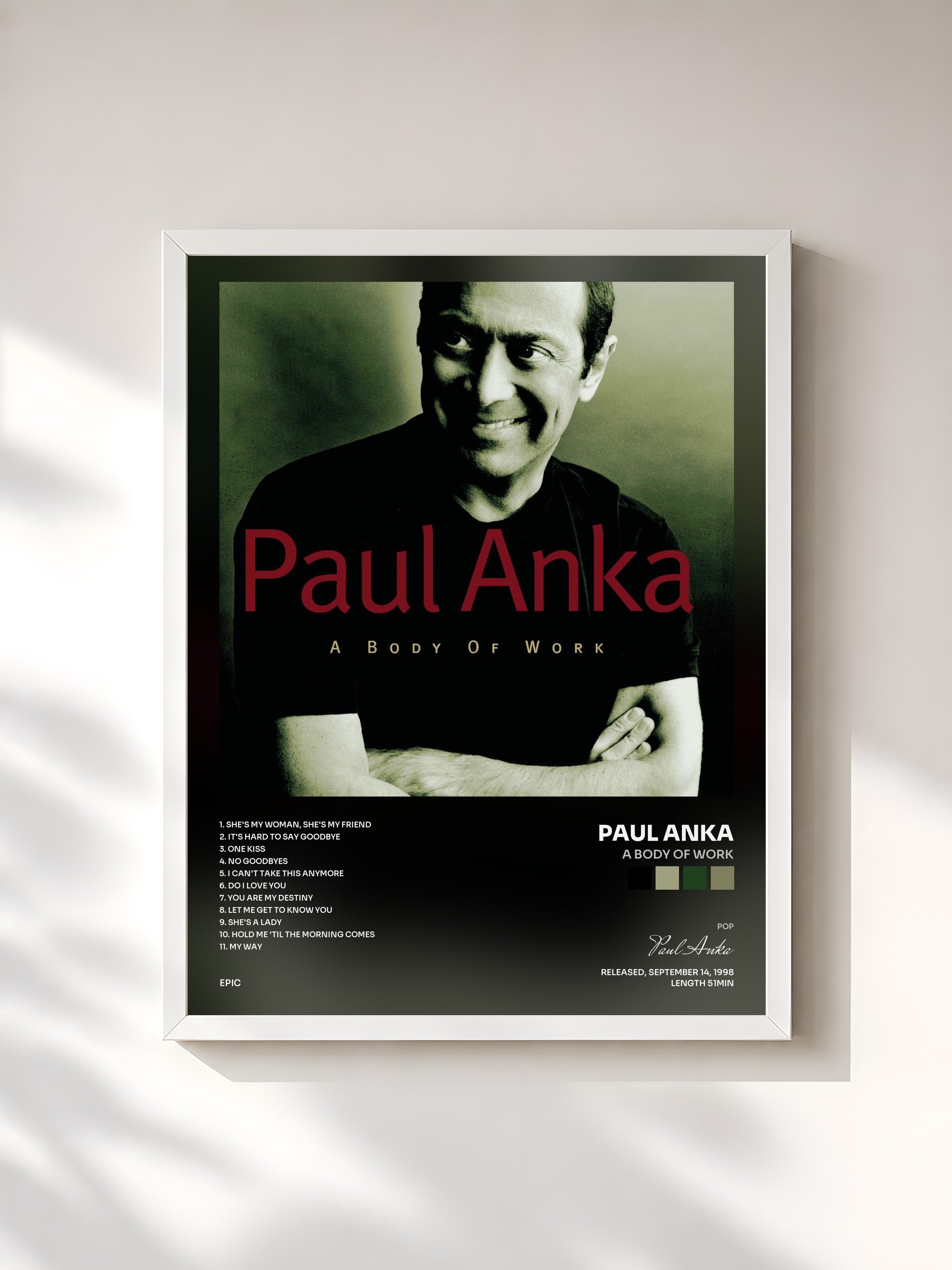 #blanc Tableau de l'album A Body Of Work de Paul Anka, cadre blanc, imprimé et encadré en France