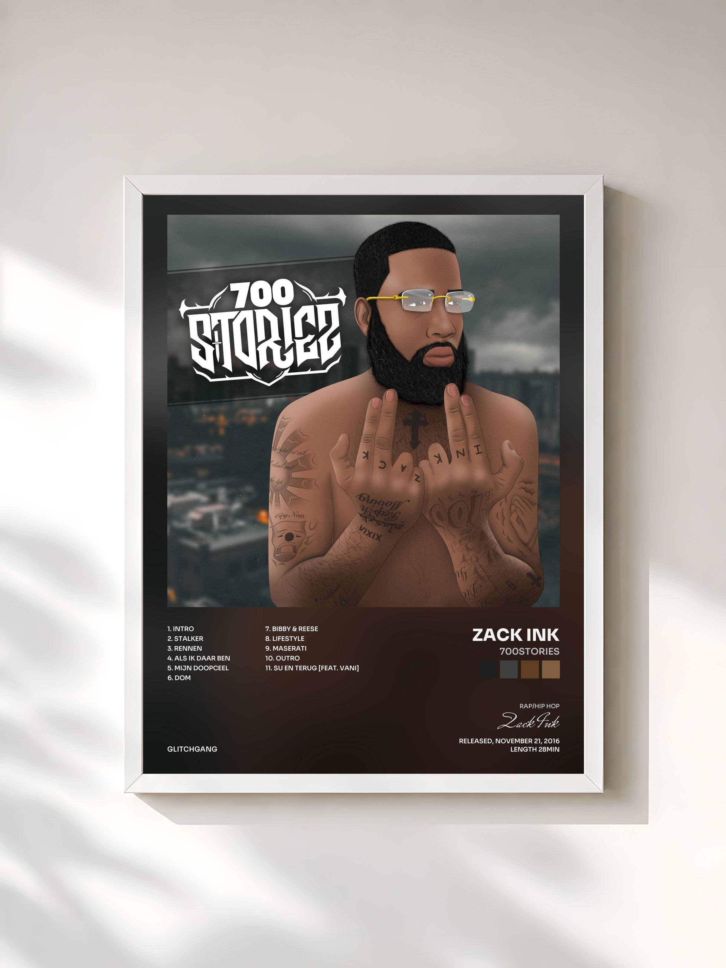 #blanc Tableau de l'album 700stories de Zack Ink, cadre blanc, imprimé et encadré en France
