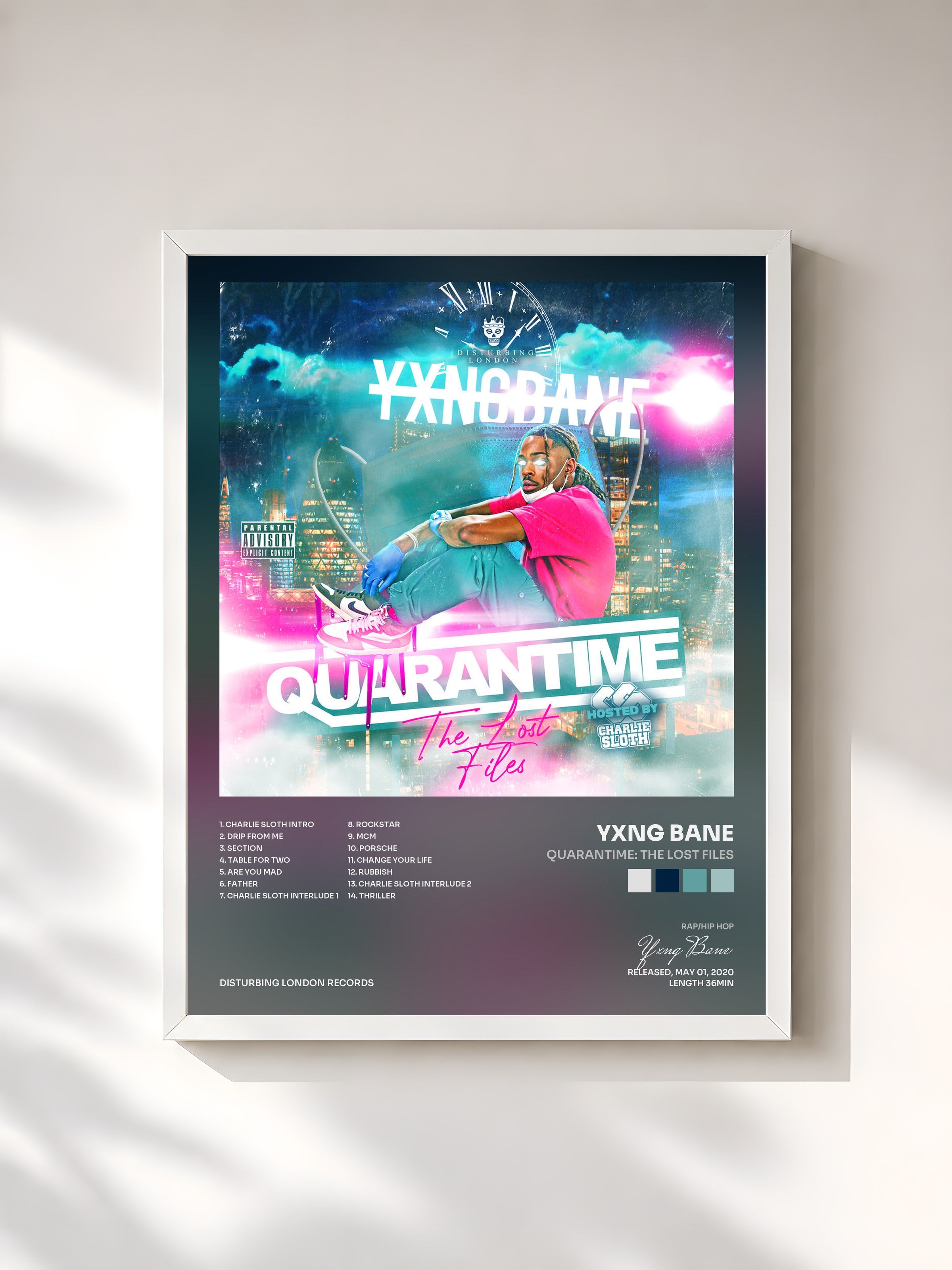 #blanc Tableau de l'album Quarantime: The Lost Files de Yxng Bane, cadre blanc, imprimé et encadré en France