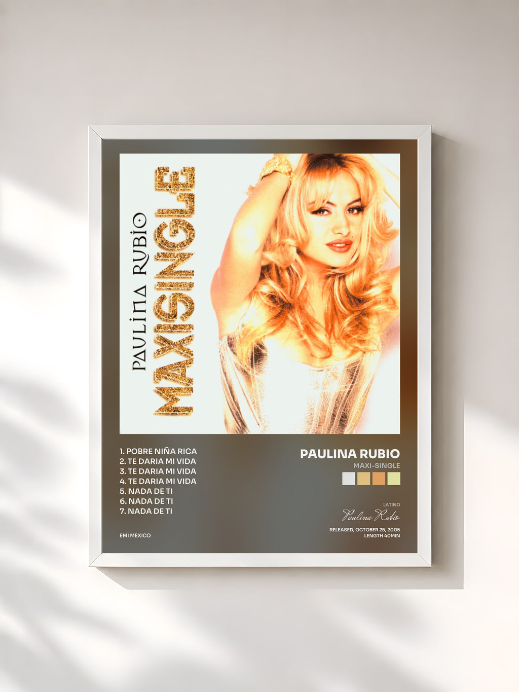 #blanc Tableau de l'album Maxi-Single de Paulina Rubio, cadre blanc, imprimé et encadré en France