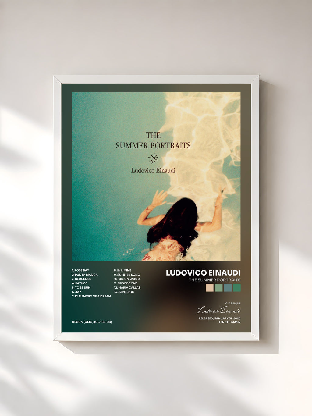 #blanc Tableau de l'album The Summer Portraits de Ludovico Einaudi, cadre blanc, imprimé et encadré en France