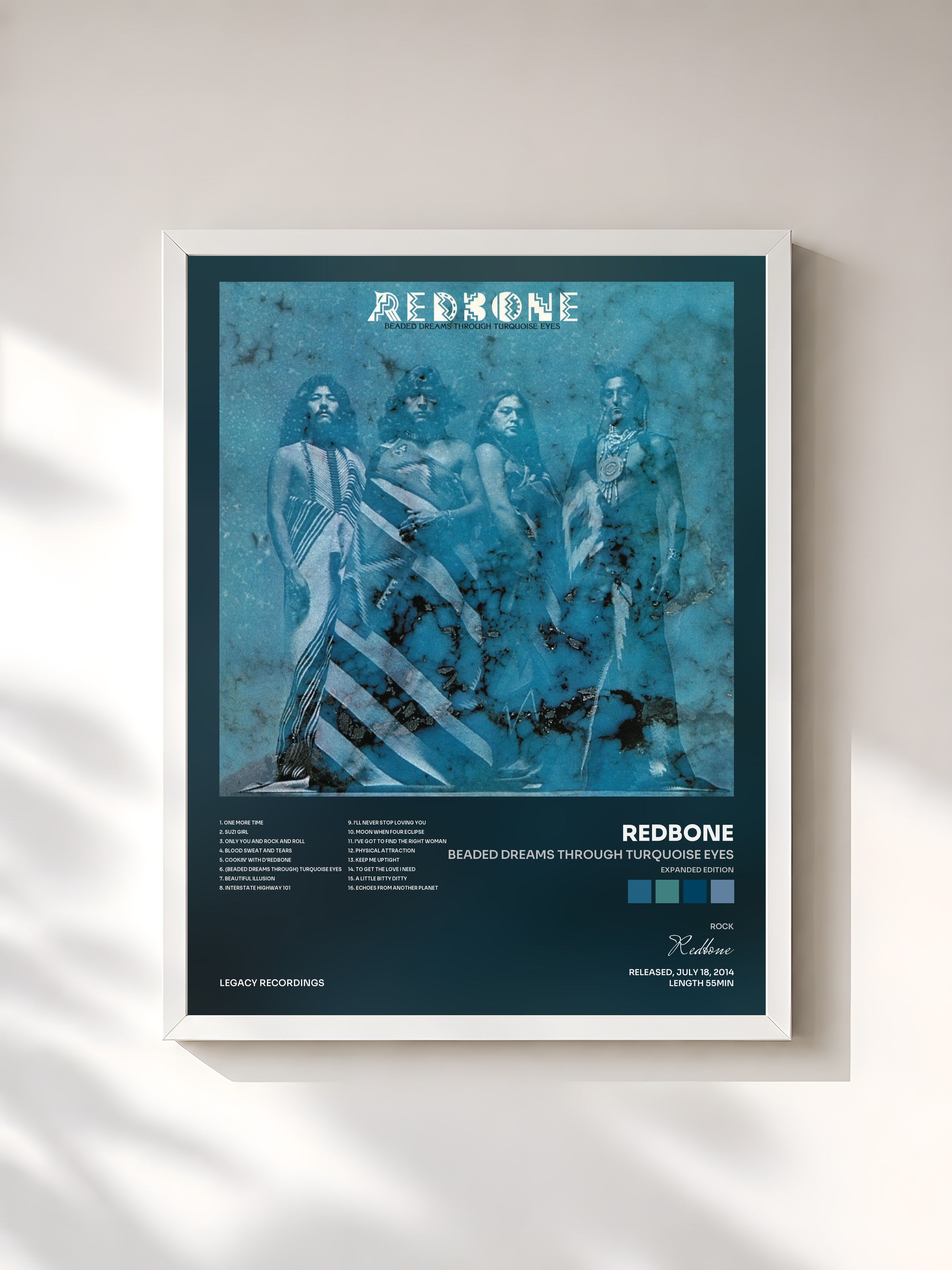 #blanc Tableau de l'album Beaded Dreams Through Turquoise Eyes (Expanded Edition) de Redbone, cadre blanc, imprimé et encadré en France