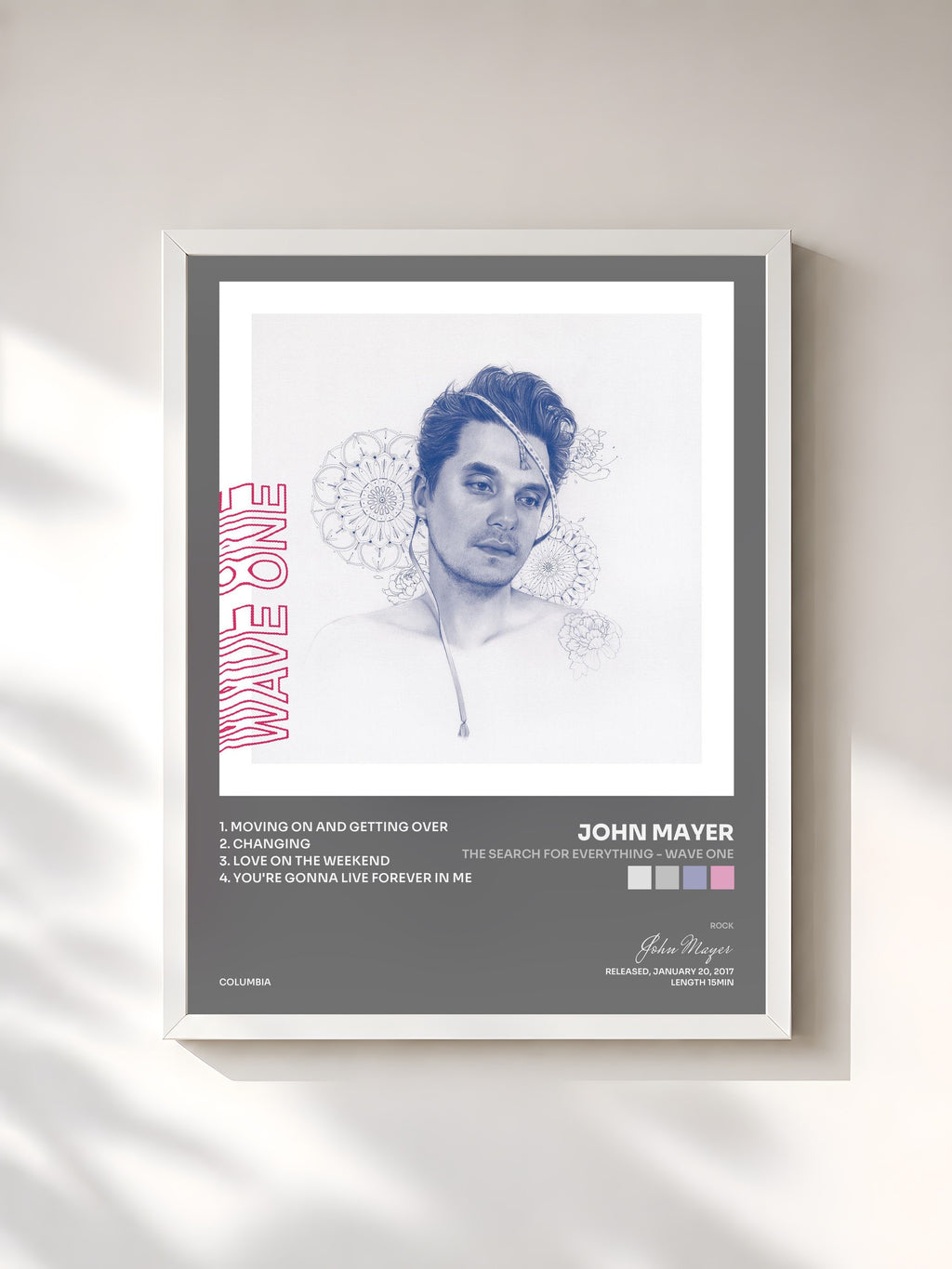#blanc Tableau de l'album The Search for Everything - Wave One de John Mayer, cadre blanc, imprimé et encadré en France