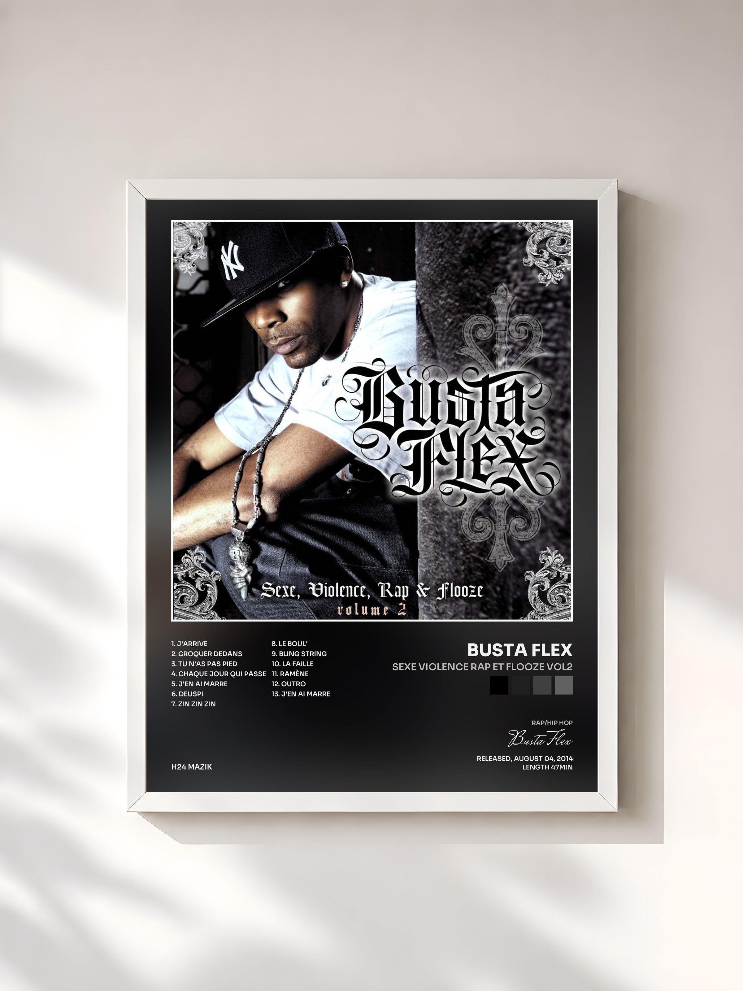 #blanc Tableau de l'album Sexe Violence Rap et Flooze Vol2 de Busta Flex, cadre blanc, imprimé et encadré en France