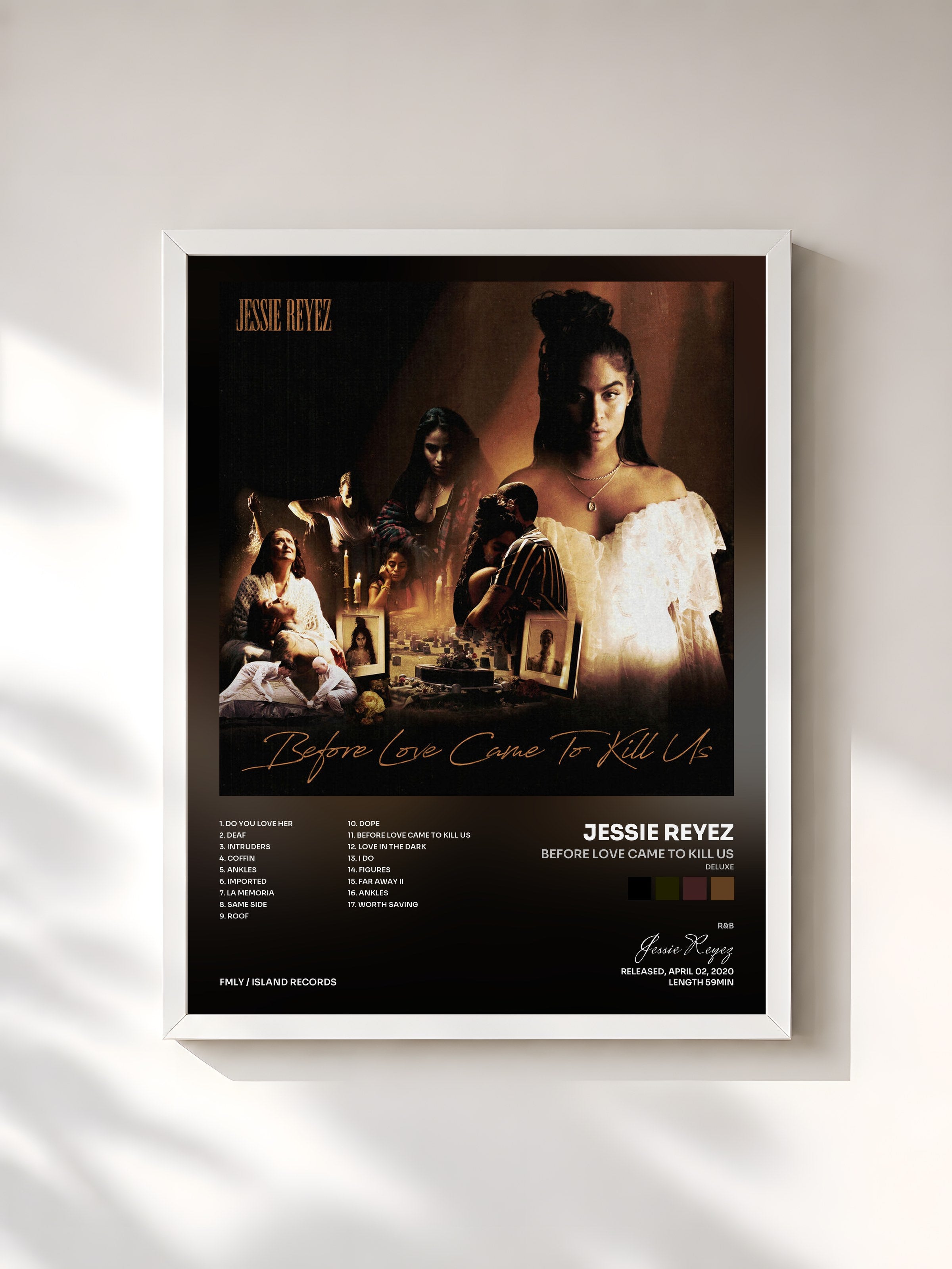 #blanc Tableau de l'album BEFORE LOVE CAME TO KILL US (Deluxe) de Jessie Reyez, cadre blanc, imprimé et encadré en France