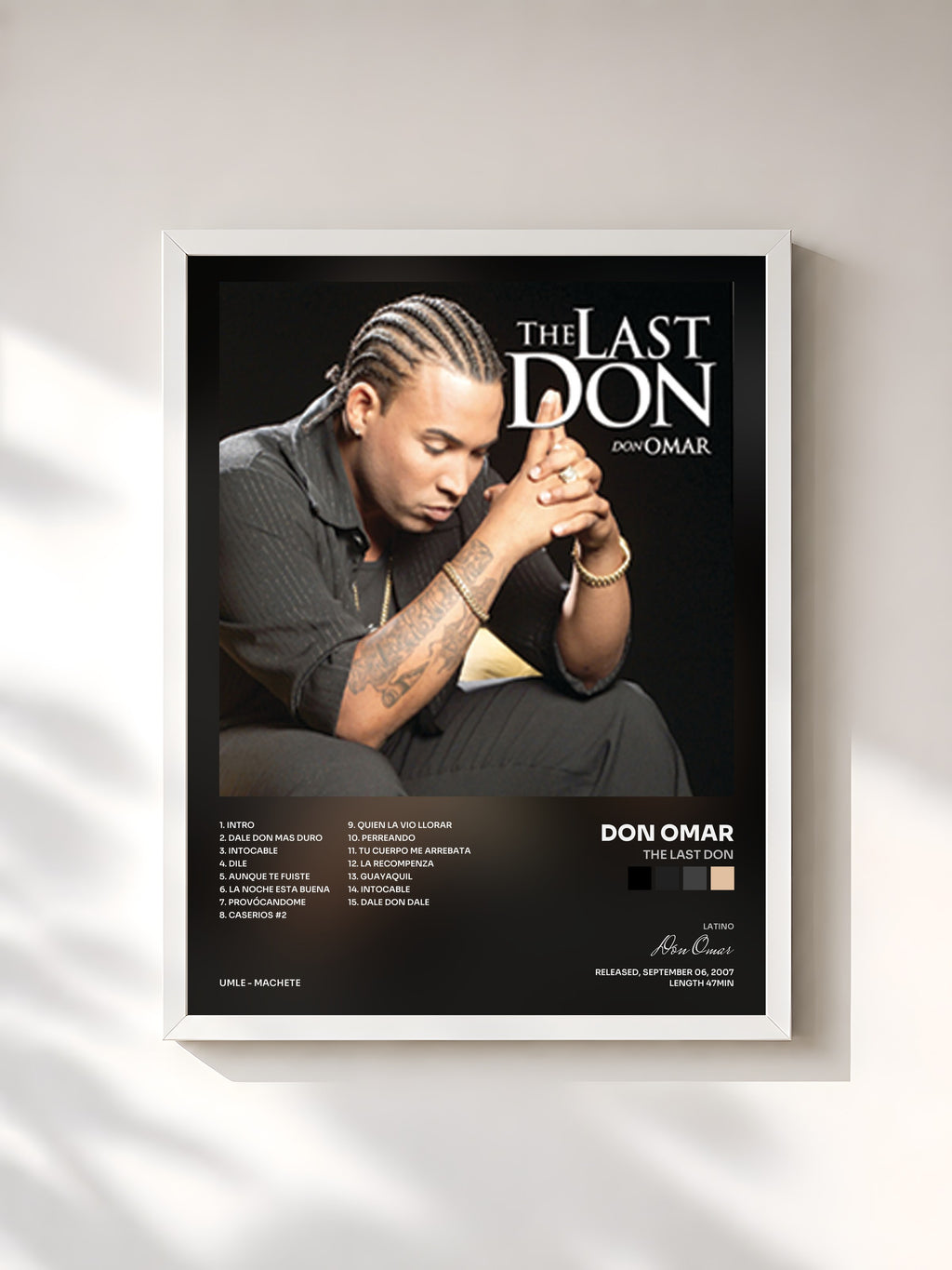 #blanc Tableau de l'album The Last Don de Don Omar, cadre blanc, imprimé et encadré en France
