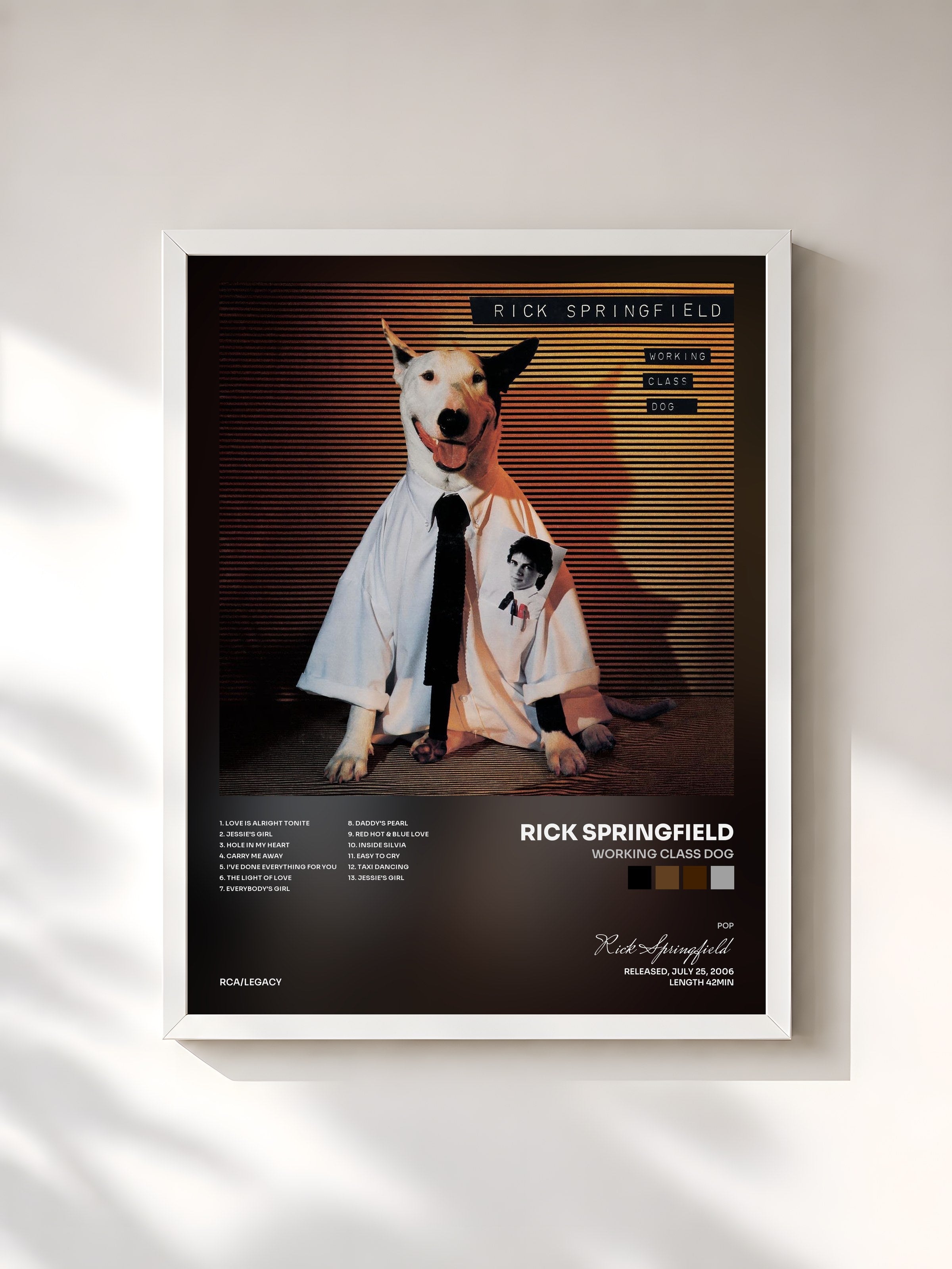 #blanc Tableau de l'album Working Class Dog de Rick Springfield, cadre blanc, imprimé et encadré en France
