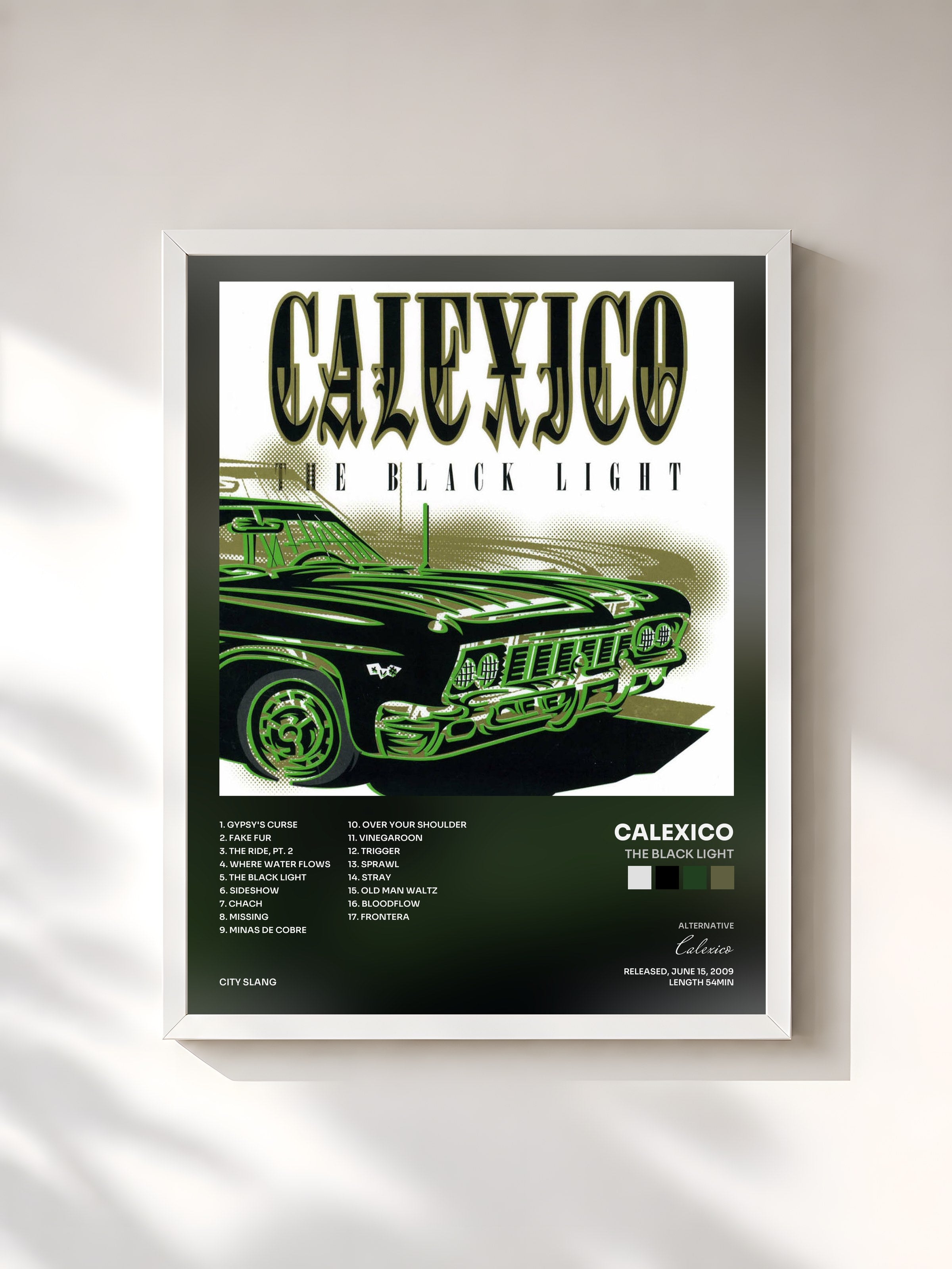#blanc Tableau de l'album The Black Light de Calexico, cadre blanc, imprimé et encadré en France