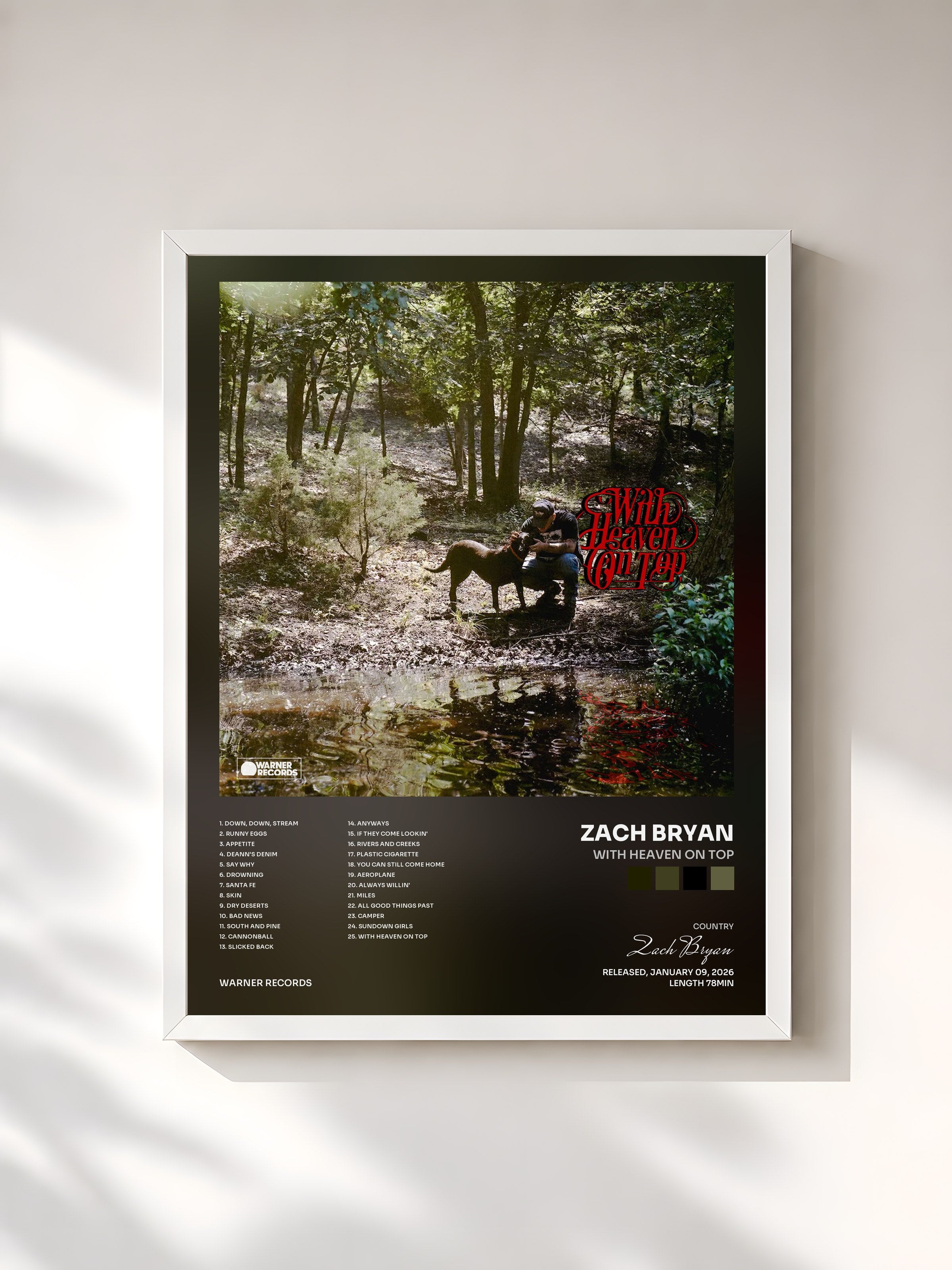 #blanc Tableau de l'album With Heaven On Top de Zach Bryan, cadre blanc, imprimé et encadré en France