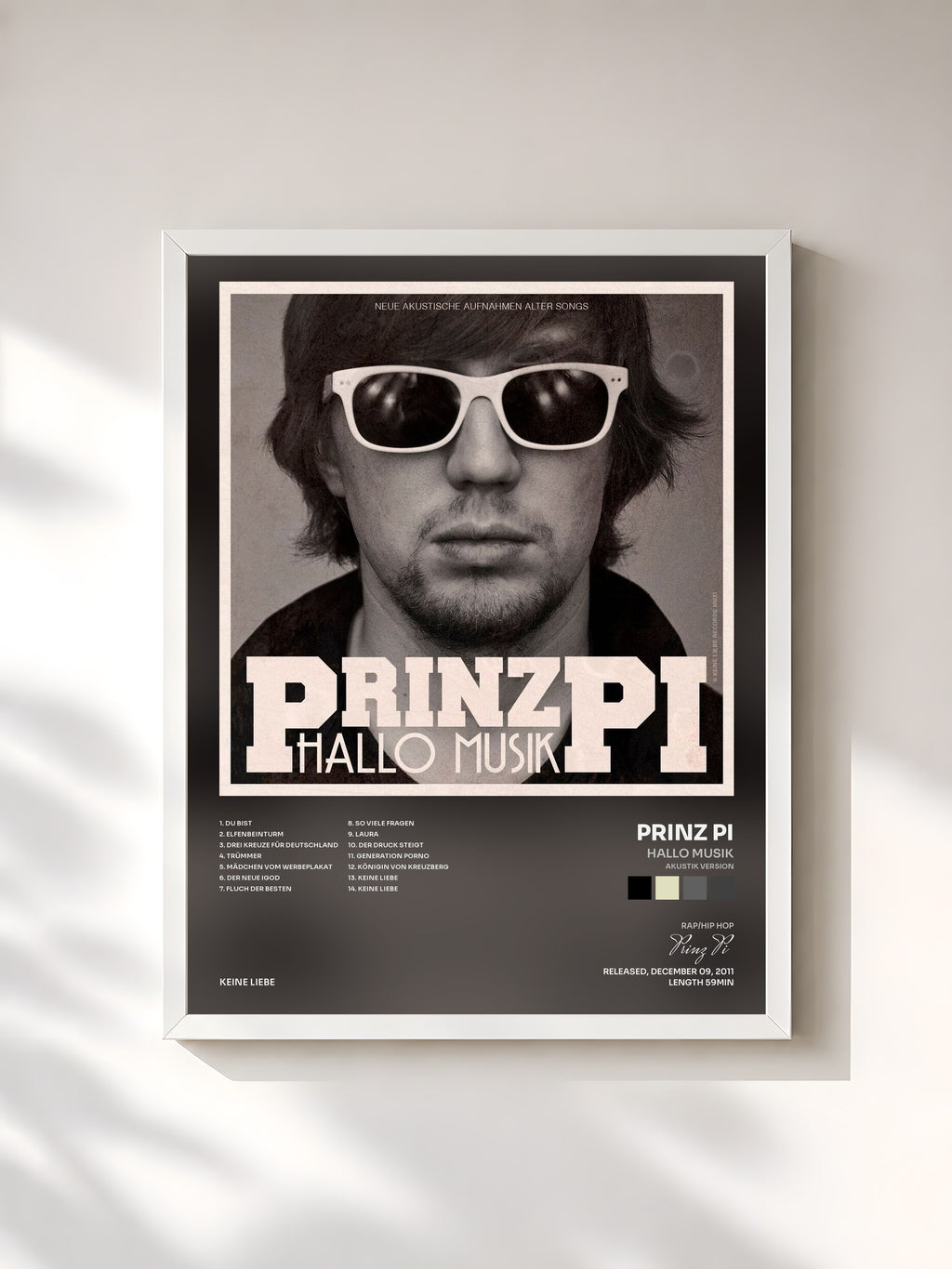 #blanc Tableau de l'album Hallo Musik (Akustik Version) de Prinz Pi, cadre blanc, imprimé et encadré en France