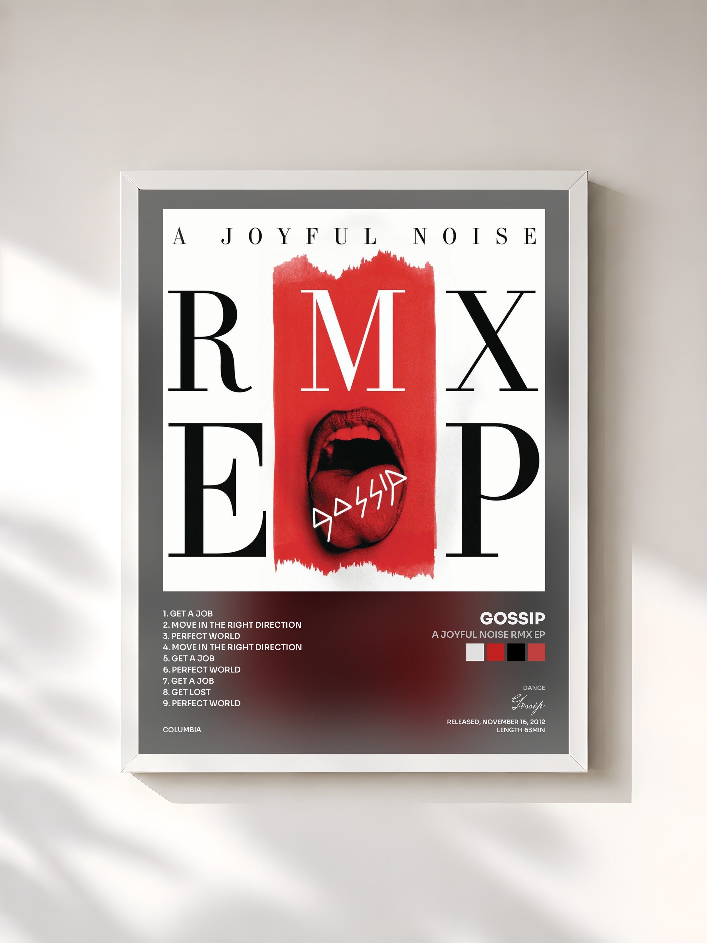 #blanc Tableau de l'album A Joyful Noise RMX EP de Gossip, cadre blanc, imprimé et encadré en France