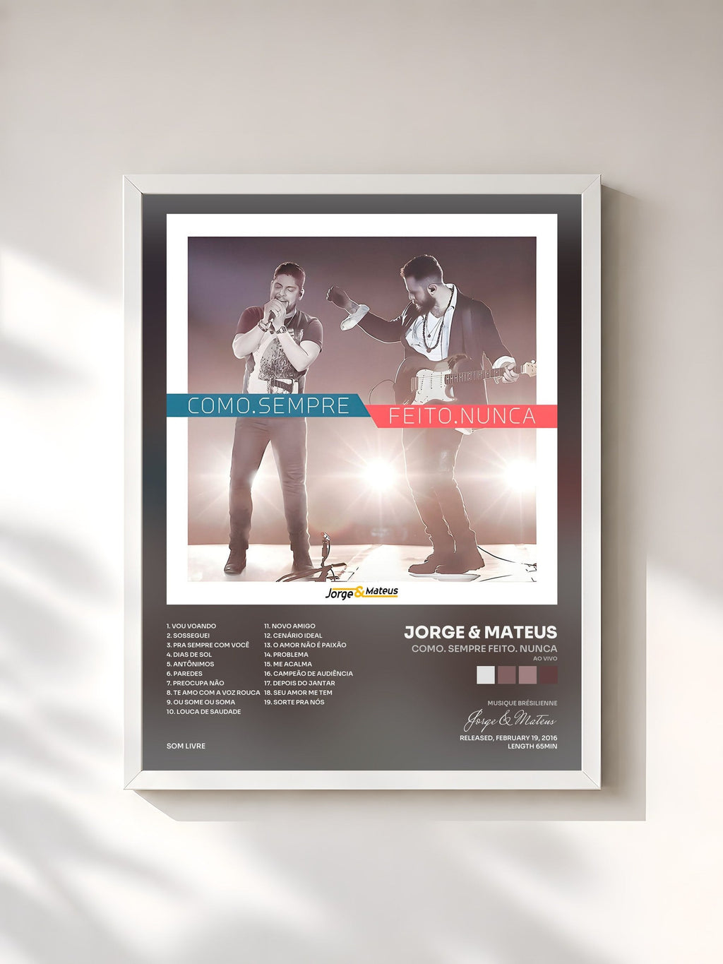#blanc Tableau de l'album Como. Sempre Feito. Nunca (Ao Vivo) de Jorge & Mateus, cadre blanc, imprimé et encadré en France
