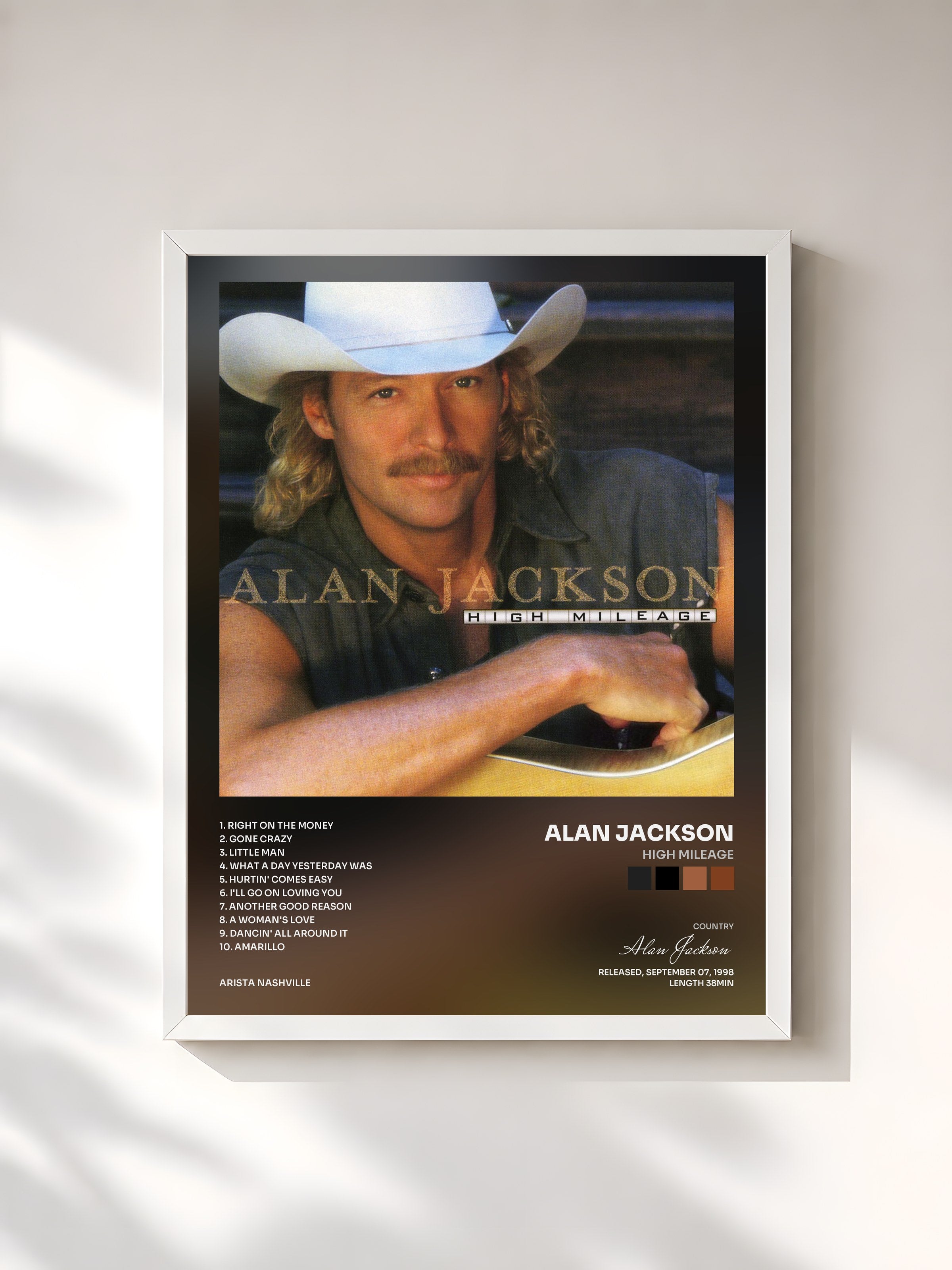 #blanc Tableau de l'album High Mileage de Alan Jackson, cadre blanc, imprimé et encadré en France