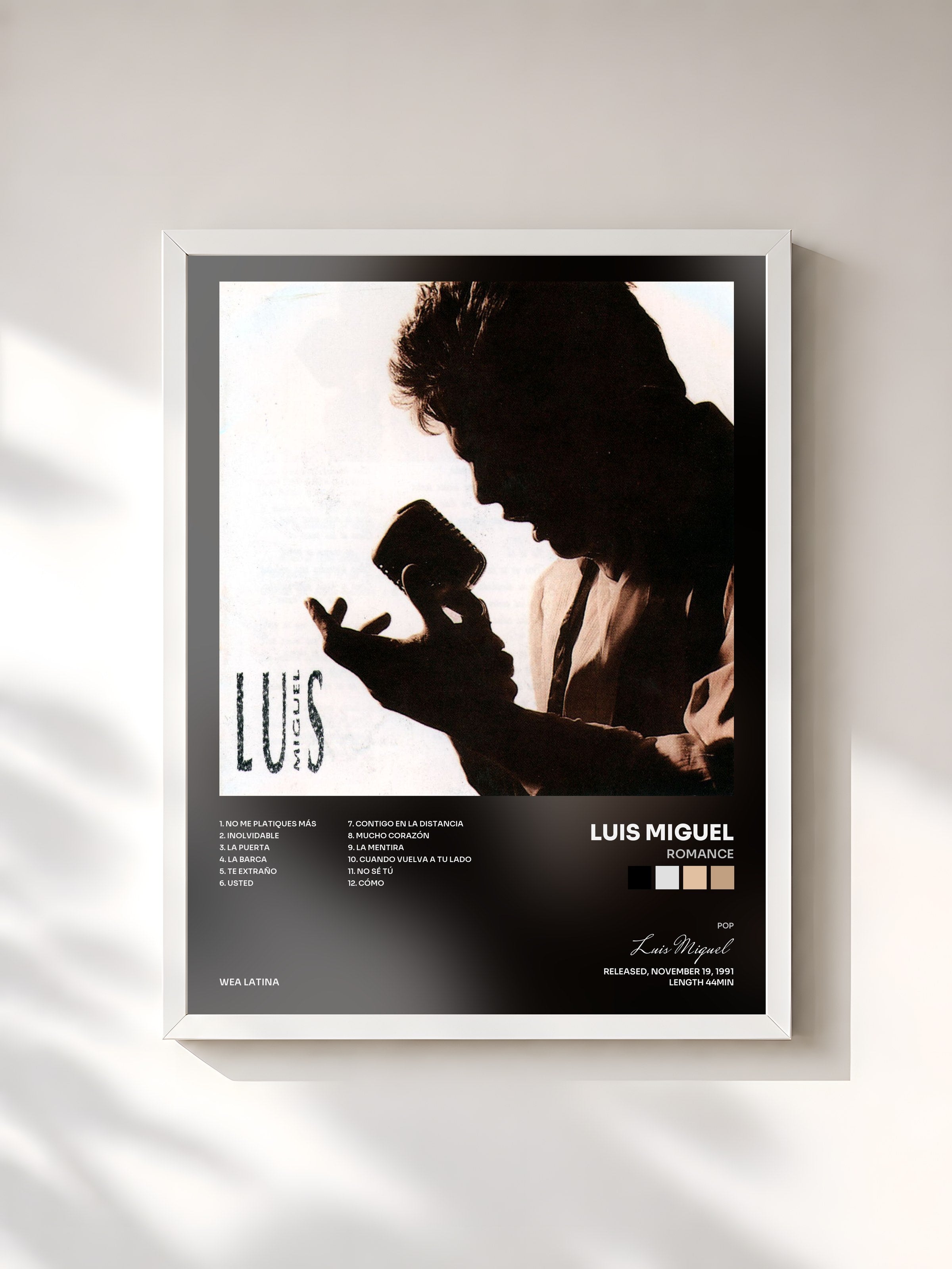 #blanc Tableau de l'album Romance de Luis Miguel, cadre blanc, imprimé et encadré en France