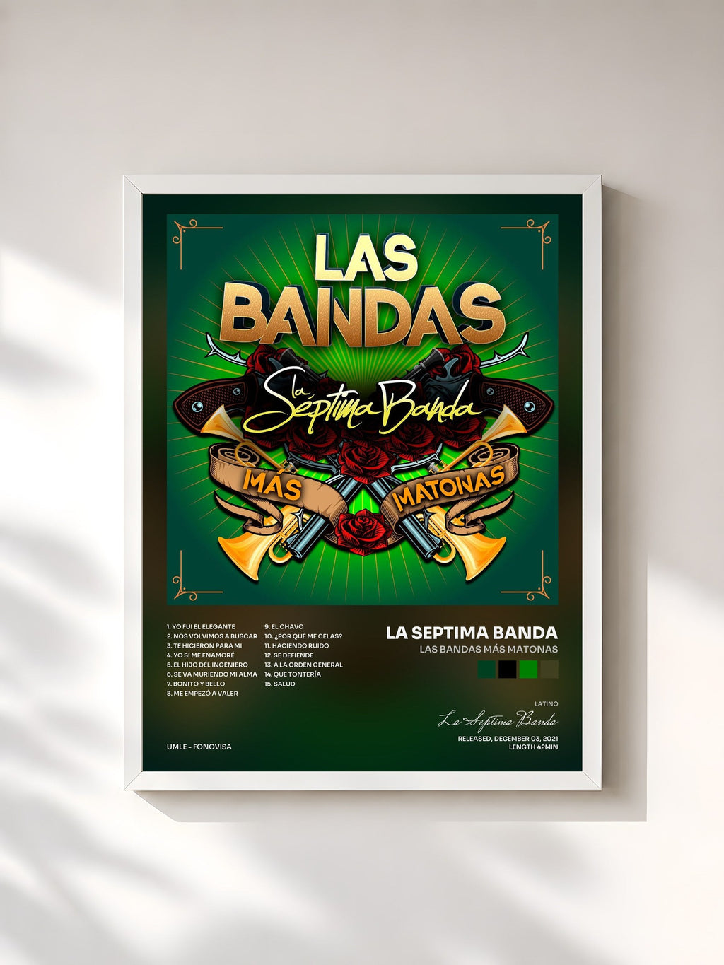 #blanc Tableau de l'album Las Bandas Más Matonas de La Septima Banda, cadre blanc, imprimé et encadré en France