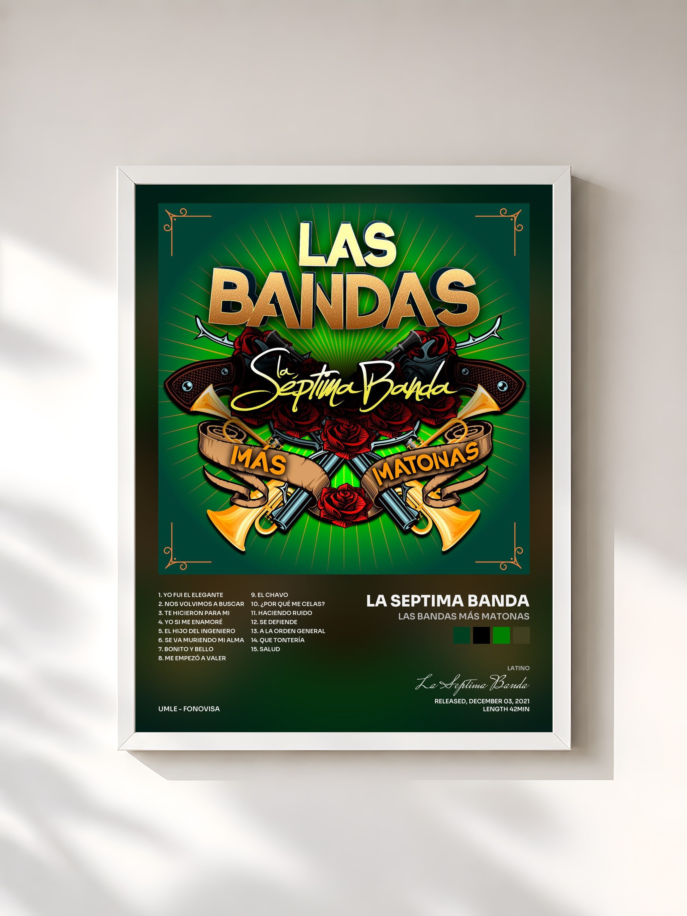 #blanc Tableau de l'album Las Bandas Más Matonas de La Septima Banda, cadre blanc, imprimé et encadré en France