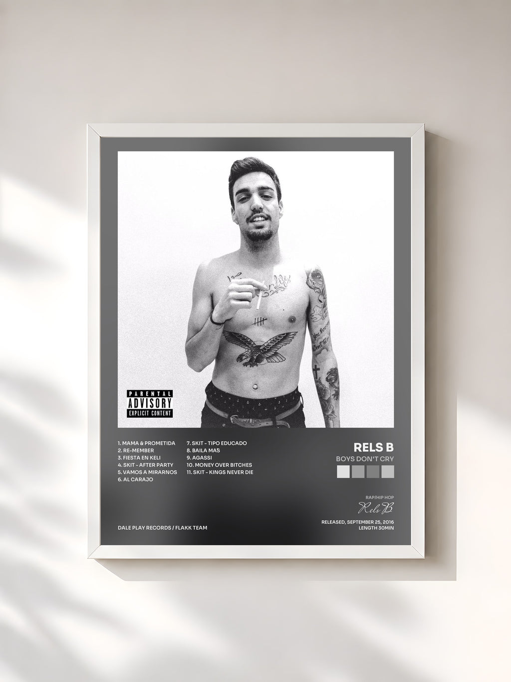 #blanc Tableau de l'album Boys Don't Cry de Rels B, cadre blanc, imprimé et encadré en France
