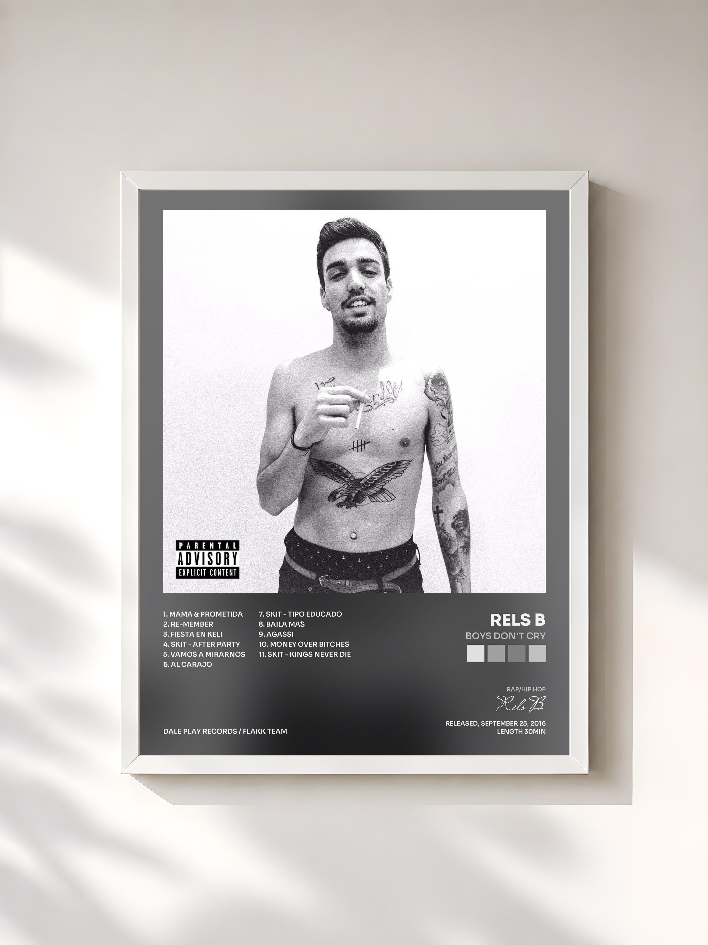 #blanc Tableau de l'album Boys Don't Cry de Rels B, cadre blanc, imprimé et encadré en France
