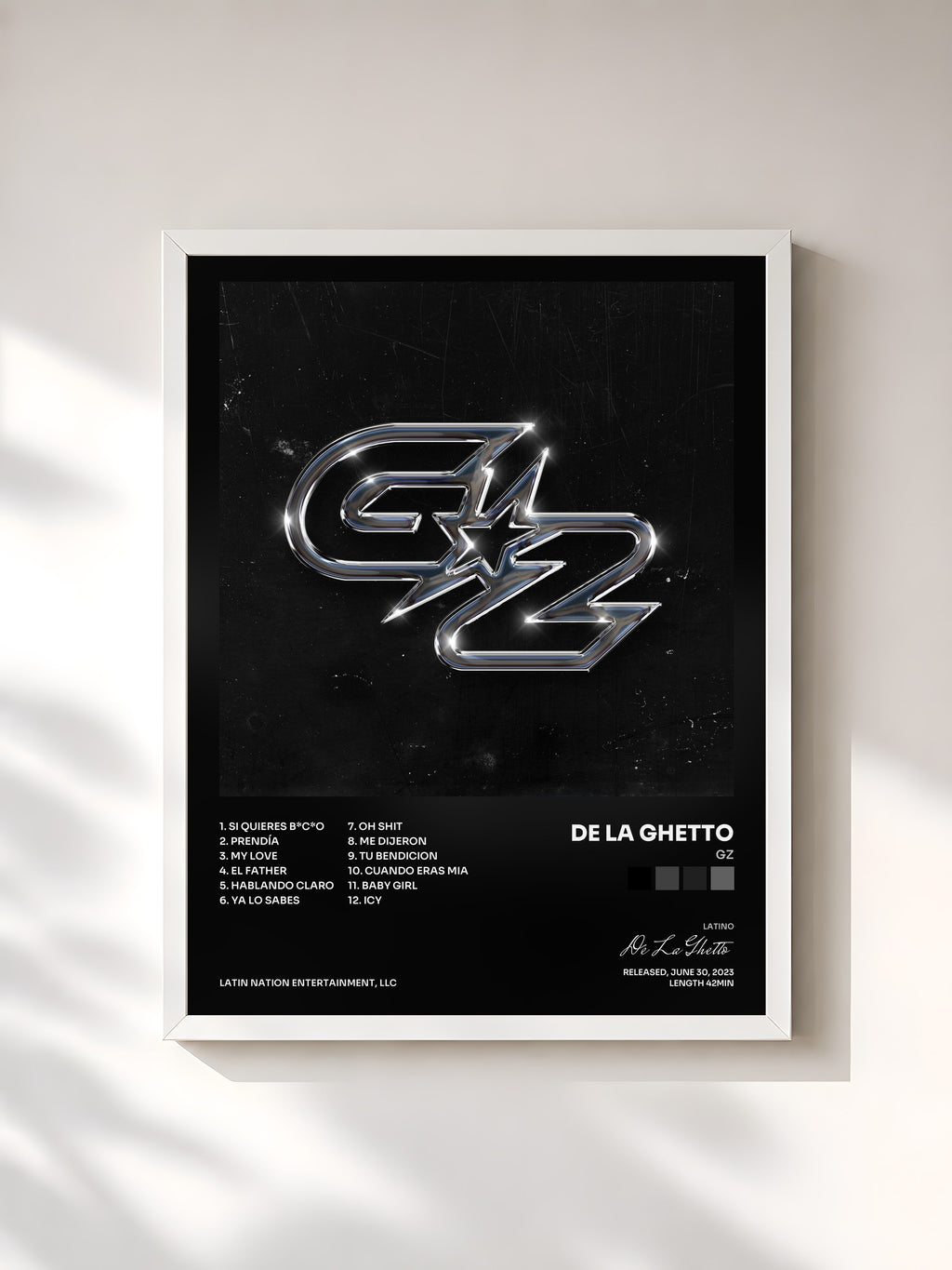 #blanc Tableau de l'album GZ de De La Ghetto, cadre blanc, imprimé et encadré en France