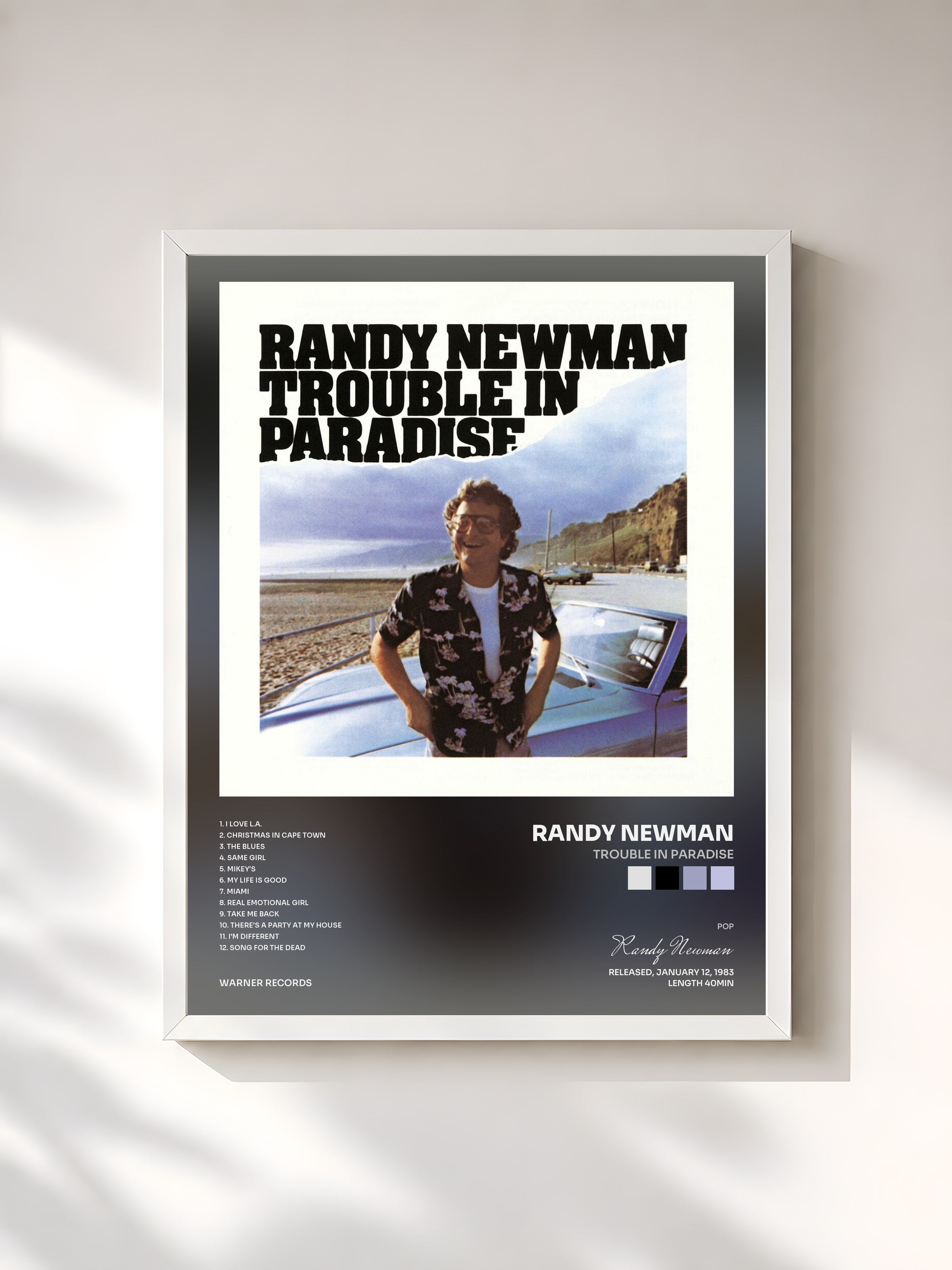 #blanc Tableau de l'album Trouble in Paradise de Randy Newman, cadre blanc, imprimé et encadré en France
