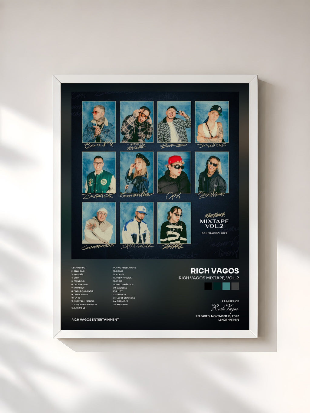 #blanc Tableau de l'album Rich Vagos Mixtape, Vol. 2 de Rich Vagos, cadre blanc, imprimé et encadré en France