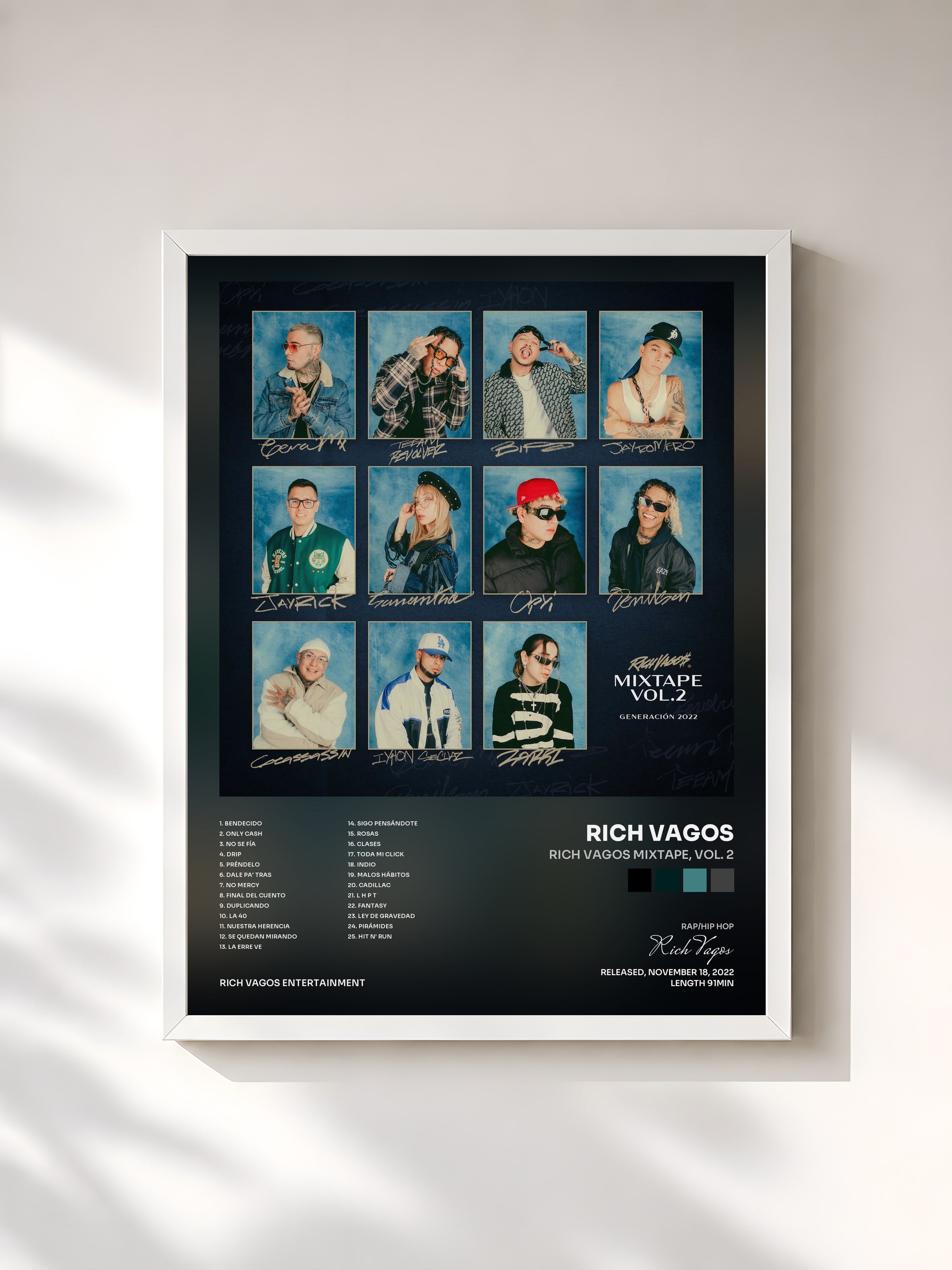 #blanc Tableau de l'album Rich Vagos Mixtape, Vol. 2 de Rich Vagos, cadre blanc, imprimé et encadré en France