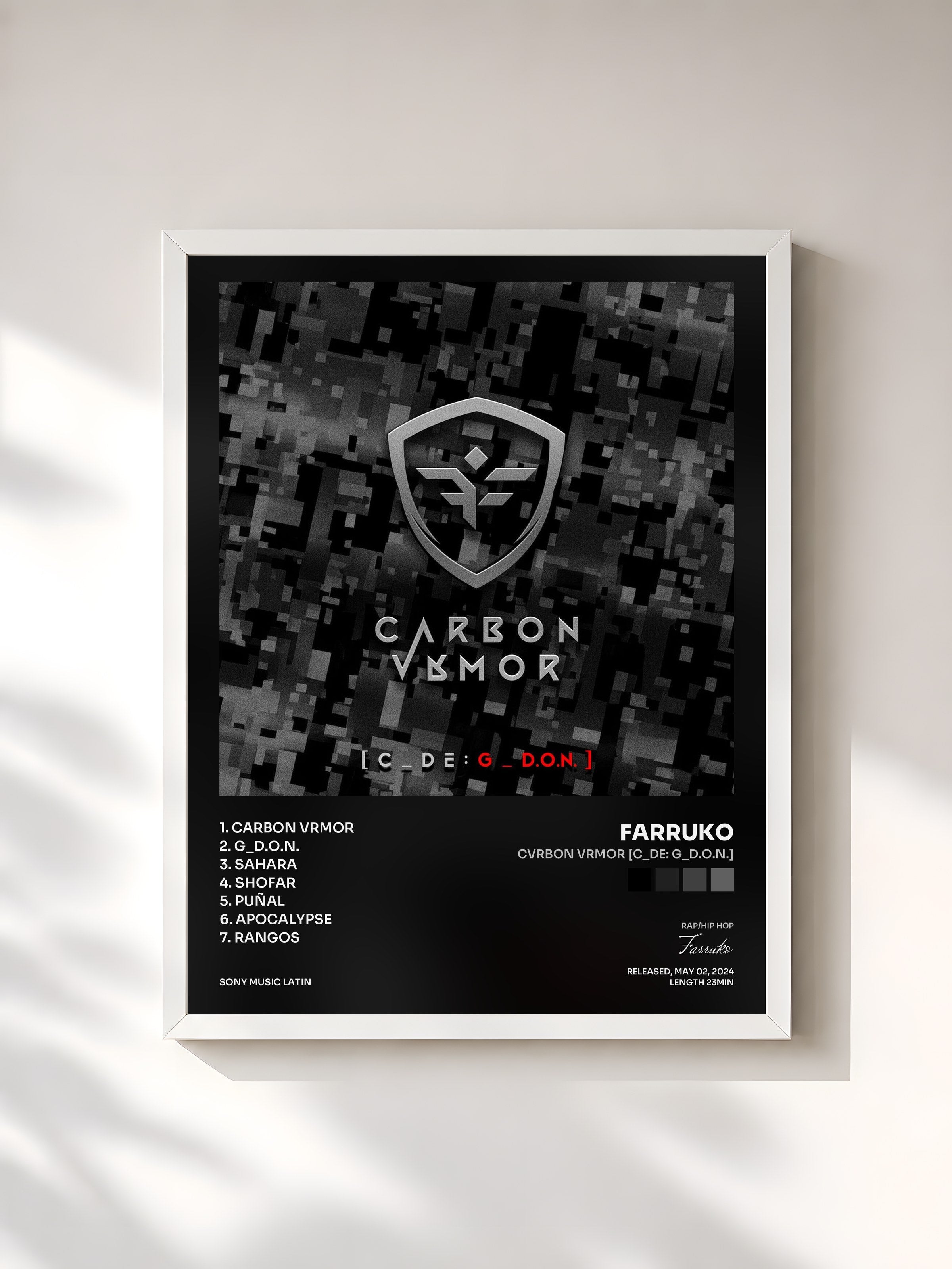 #blanc Tableau de l'album CVRBON VRMOR [C_DE: G_D.O.N.] de Farruko, cadre blanc, imprimé et encadré en France
