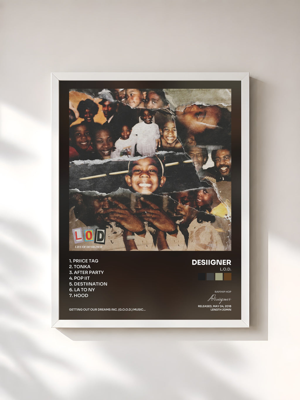 #blanc Tableau de l'album L.O.D. de Desiigner, cadre blanc, imprimé et encadré en France