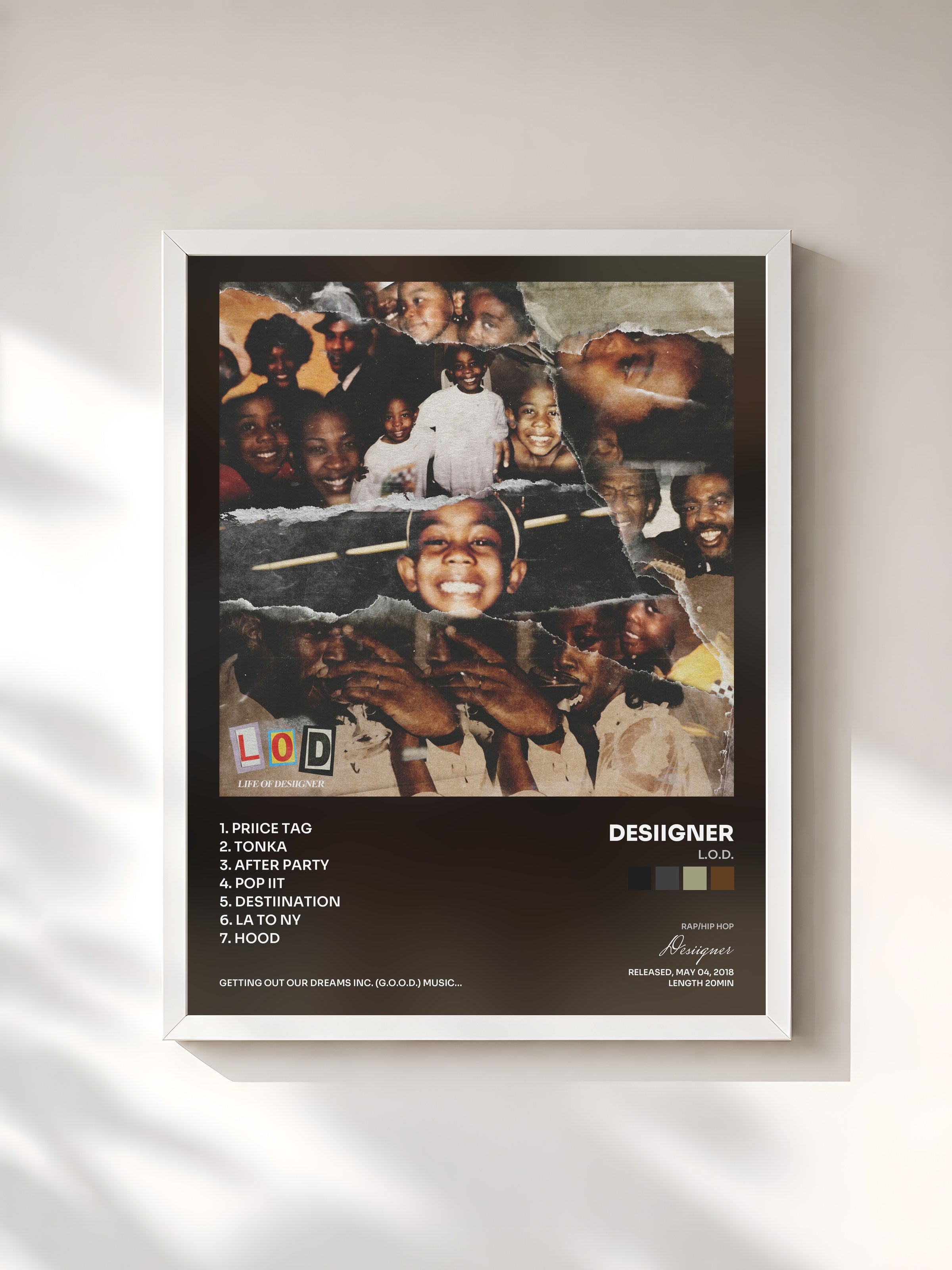 #blanc Tableau de l'album L.O.D. de Desiigner, cadre blanc, imprimé et encadré en France