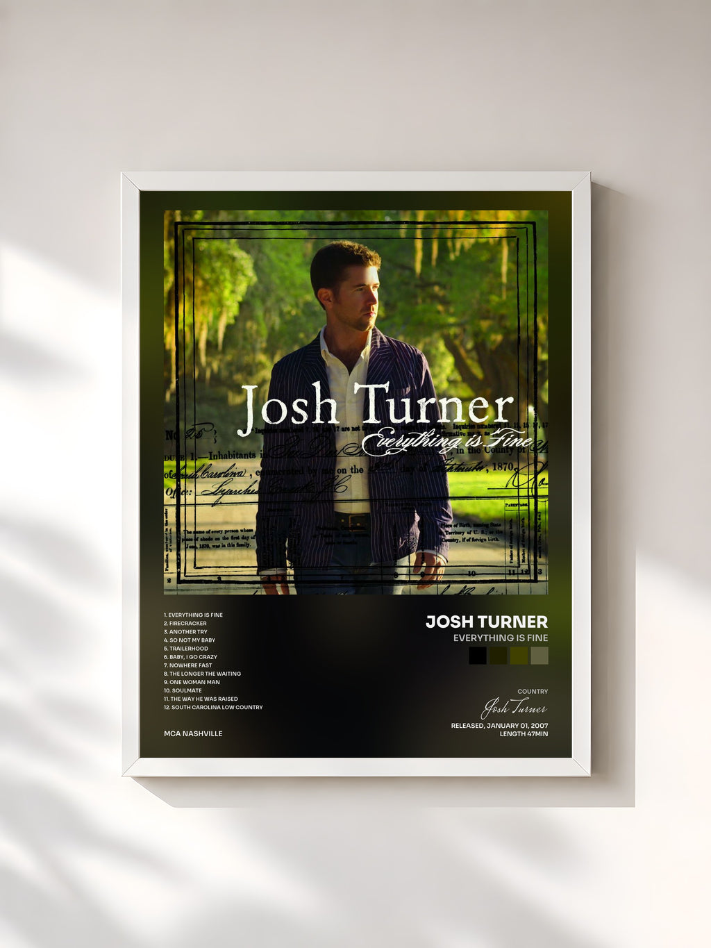 #blanc Tableau de l'album Everything Is Fine de Josh Turner, cadre blanc, imprimé et encadré en France