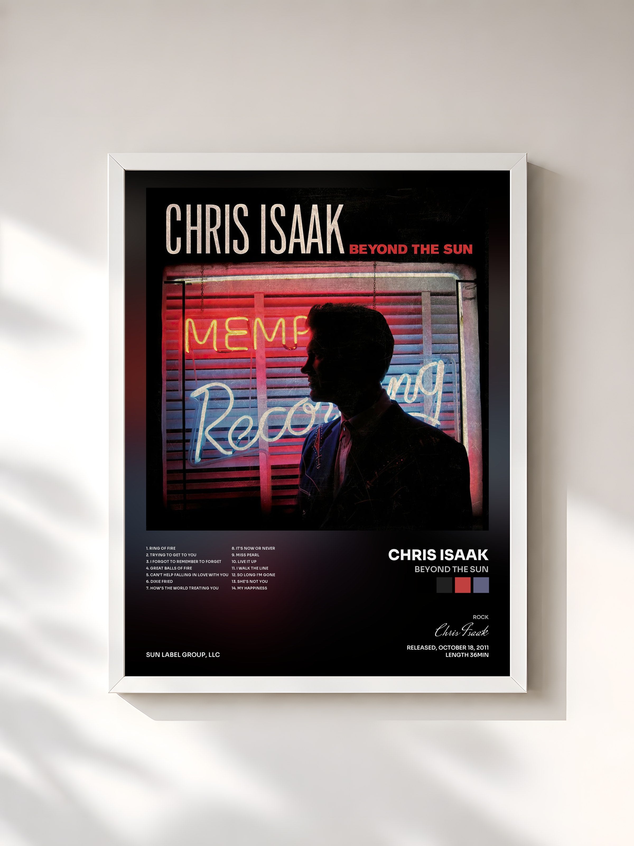 #blanc Tableau de l'album Beyond The Sun de Chris Isaak, cadre blanc, imprimé et encadré en France
