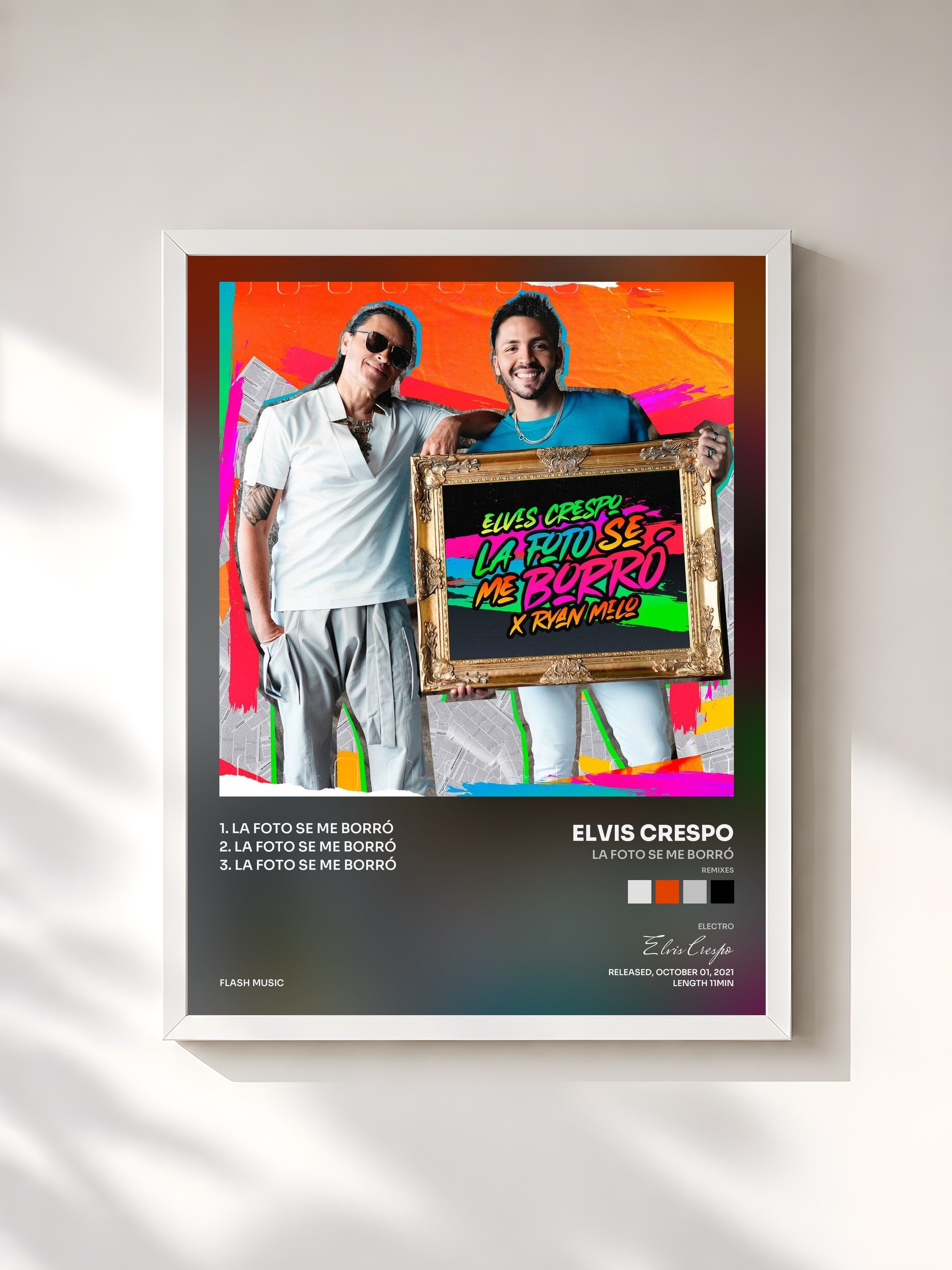#blanc Tableau de l'album La Foto Se Me Borró (Remixes) de Elvis Crespo, cadre blanc, imprimé et encadré en France
