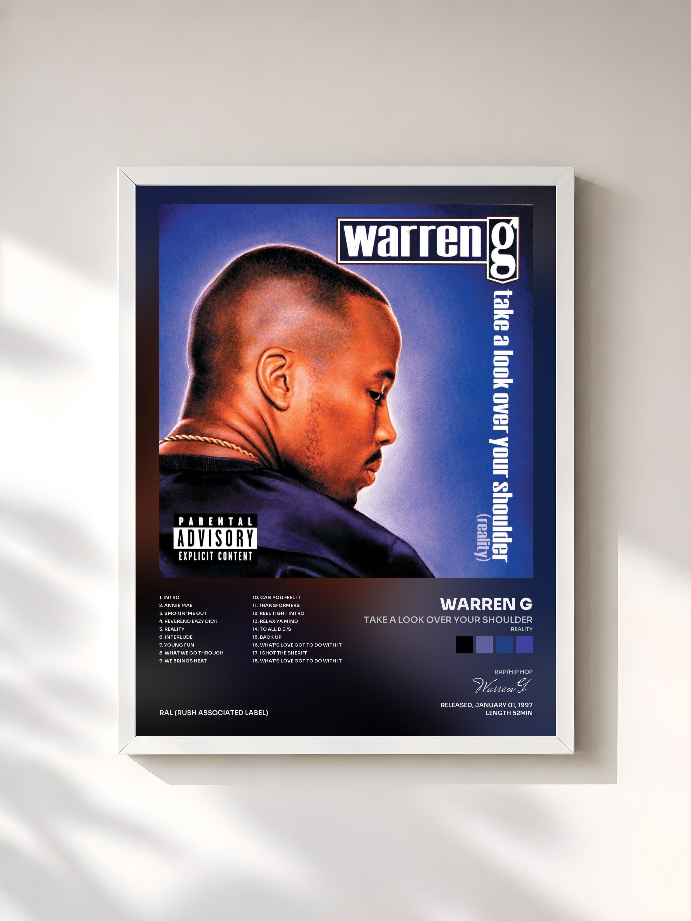 #blanc Tableau de l'album Take A Look Over Your Shoulder (Reality) de Warren G, cadre blanc, imprimé et encadré en France