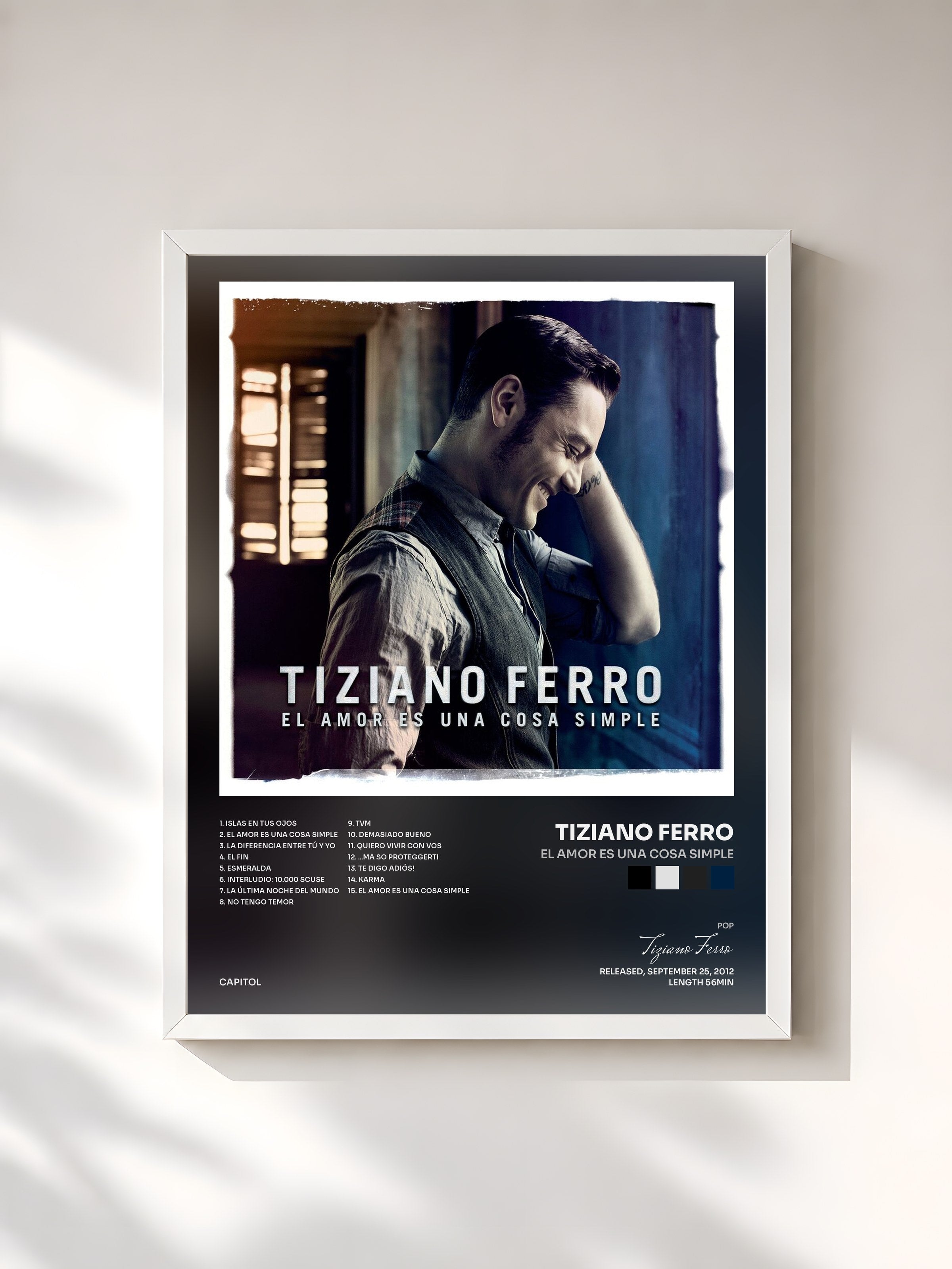 #blanc Tableau de l'album El amor es una cosa simple de Tiziano Ferro, cadre blanc, imprimé et encadré en France