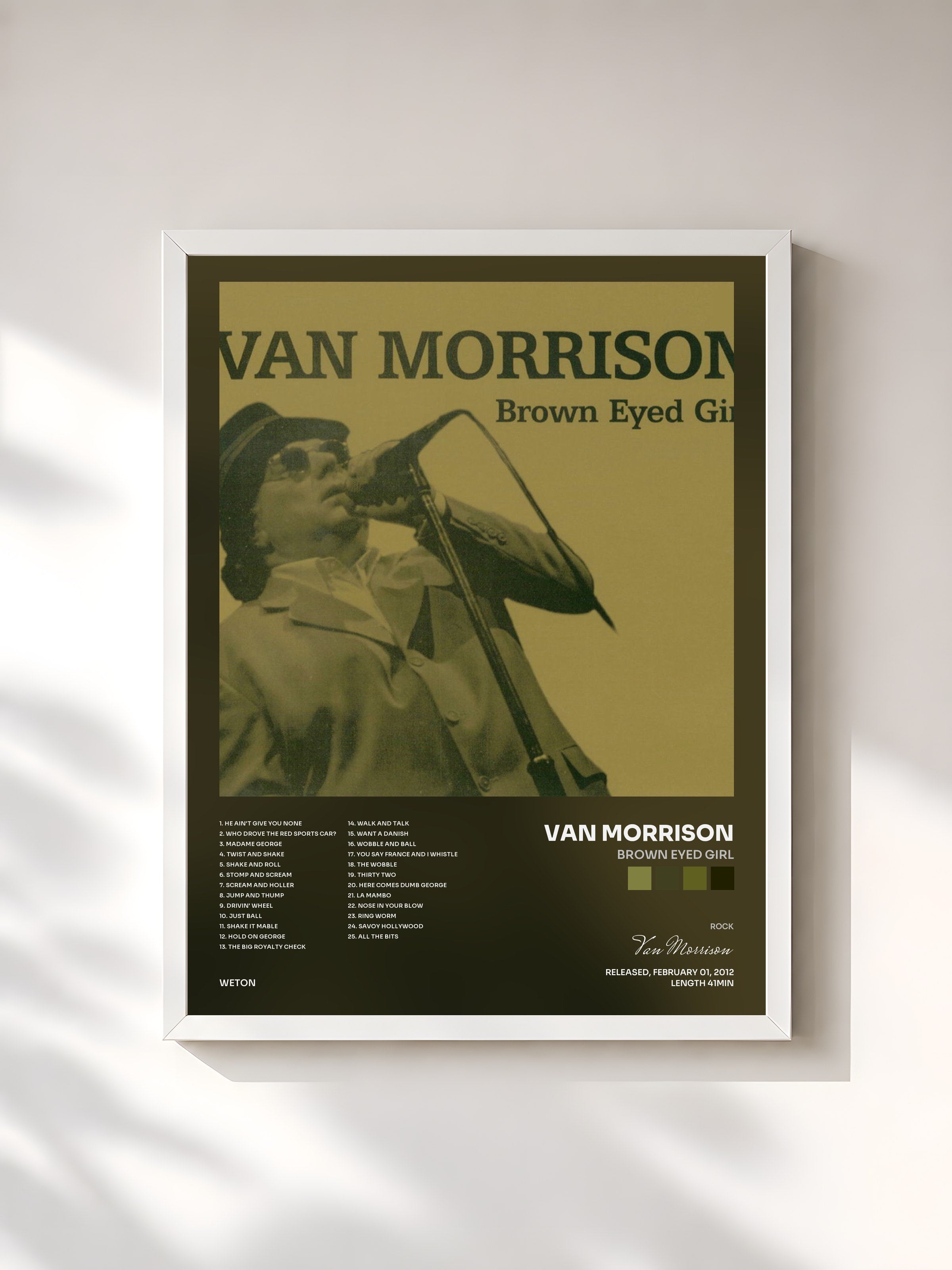 #blanc Tableau de l'album Brown Eyed Girl de Van Morrison, cadre blanc, imprimé et encadré en France