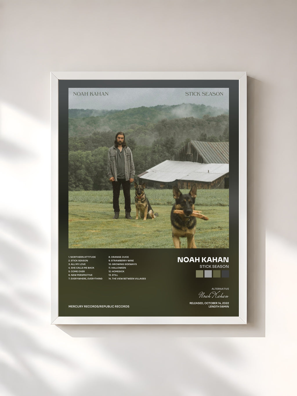 #blanc Tableau de l'album Stick Season de Noah Kahan, cadre blanc, imprimé et encadré en France