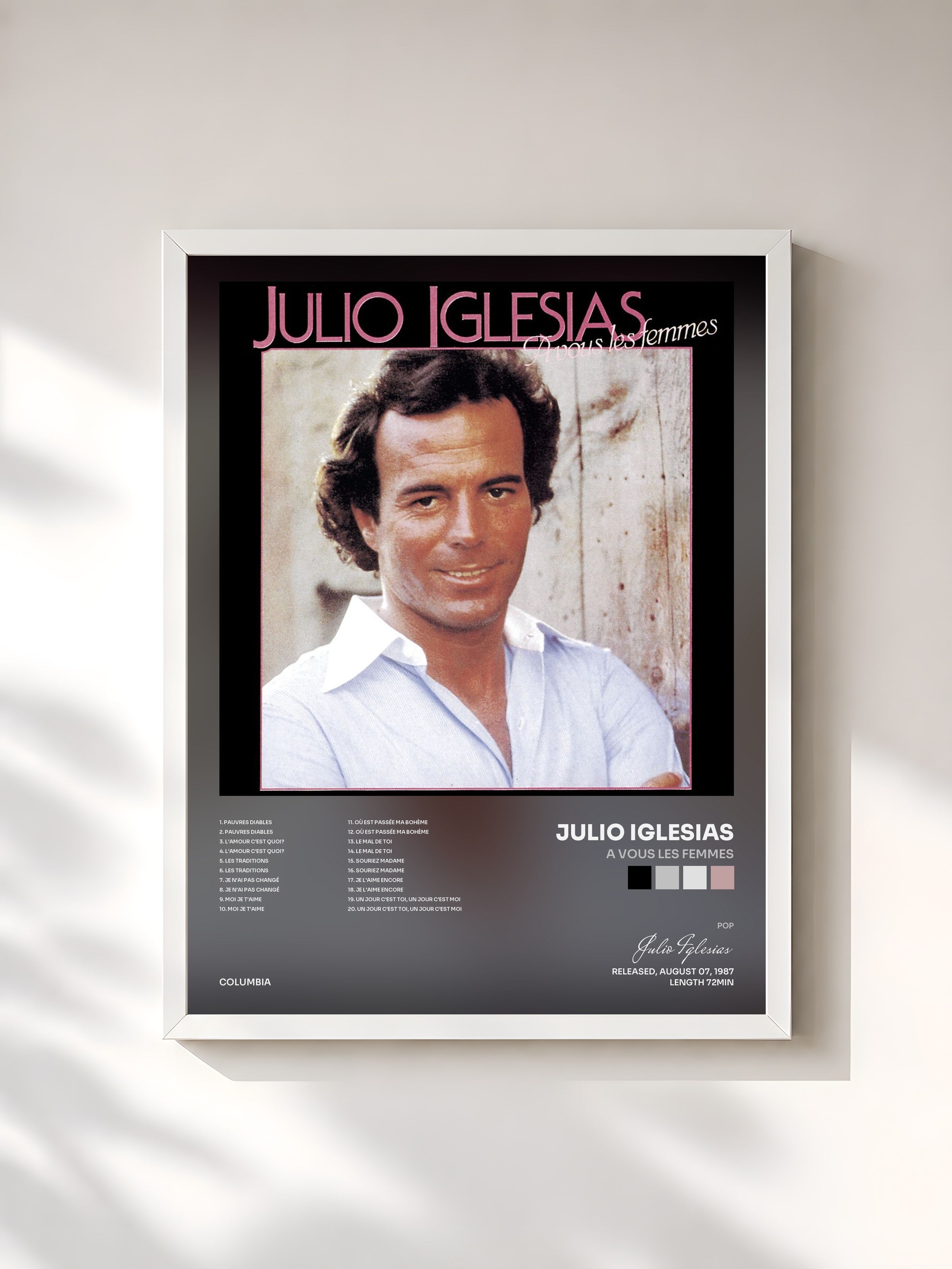 #blanc Tableau de l'album A vous les femmes de Julio Iglesias, cadre blanc, imprimé et encadré en France