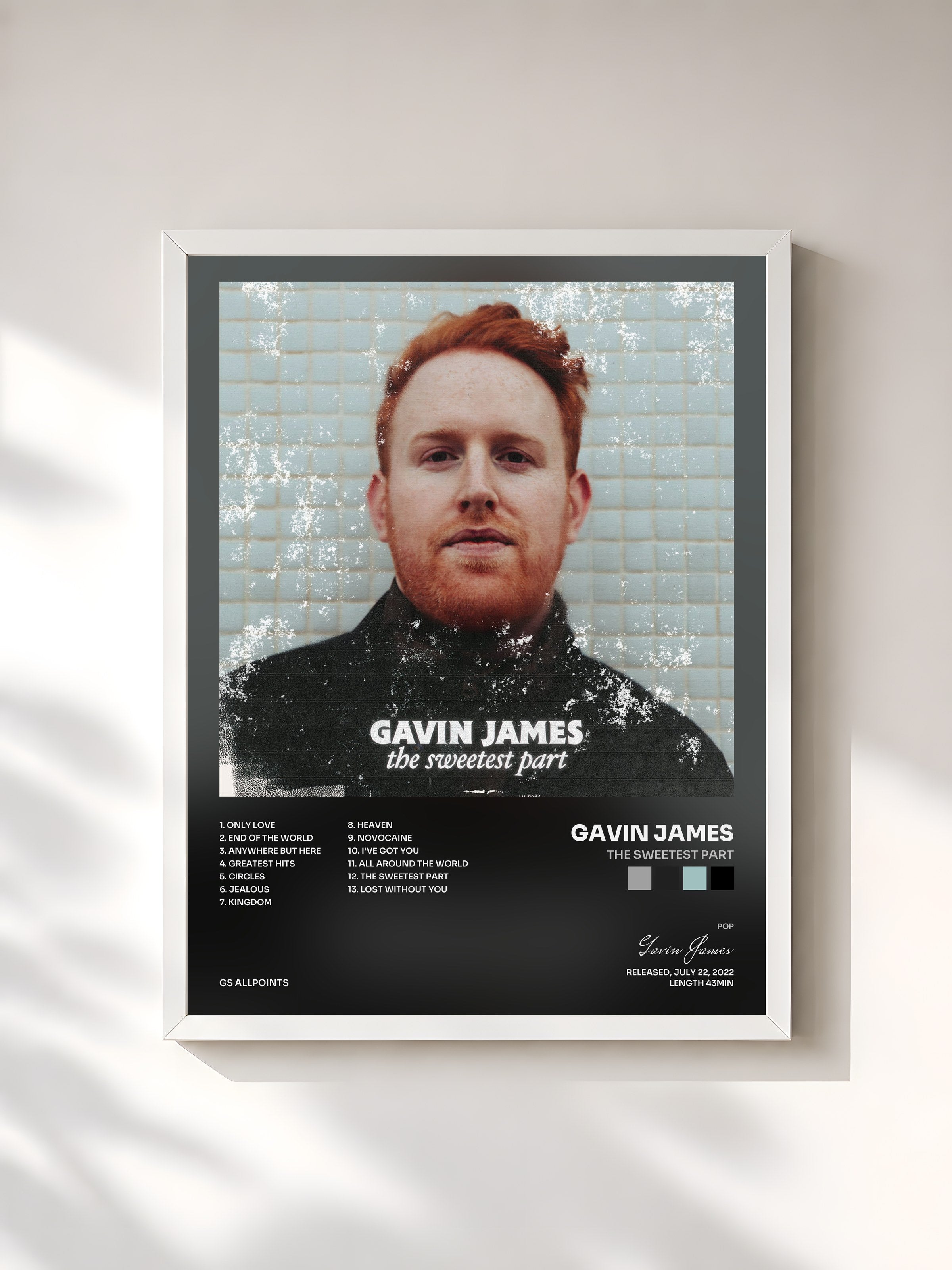#blanc Tableau de l'album The Sweetest Part de Gavin James, cadre blanc, imprimé et encadré en France