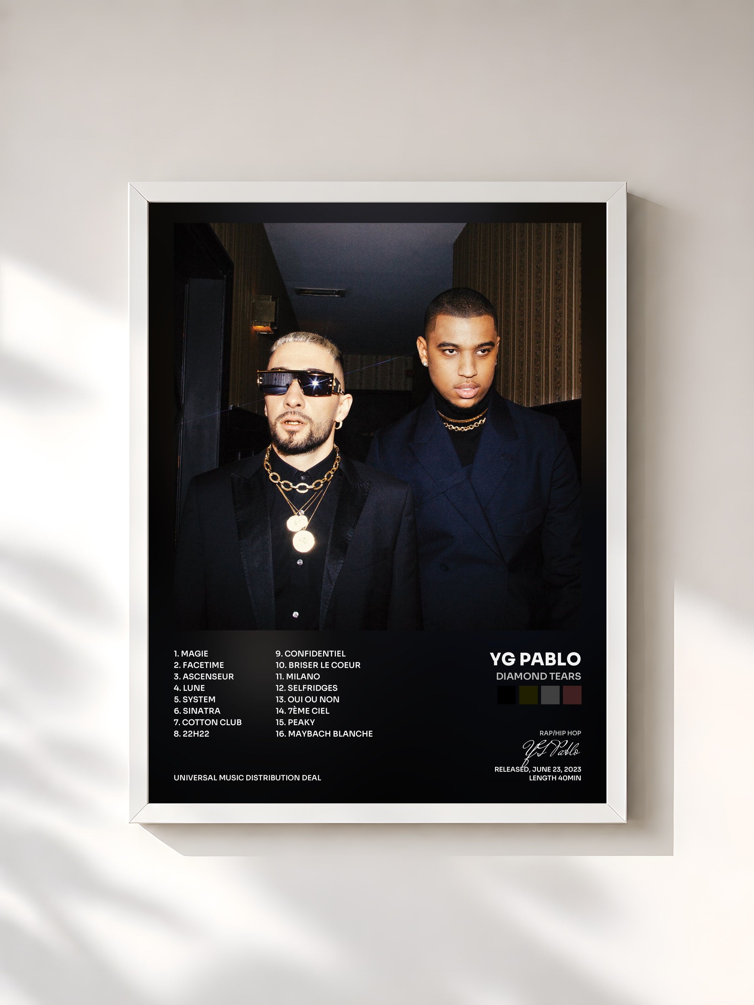 #blanc Tableau de l'album DIAMOND TEARS de YG Pablo, cadre blanc, imprimé et encadré en France